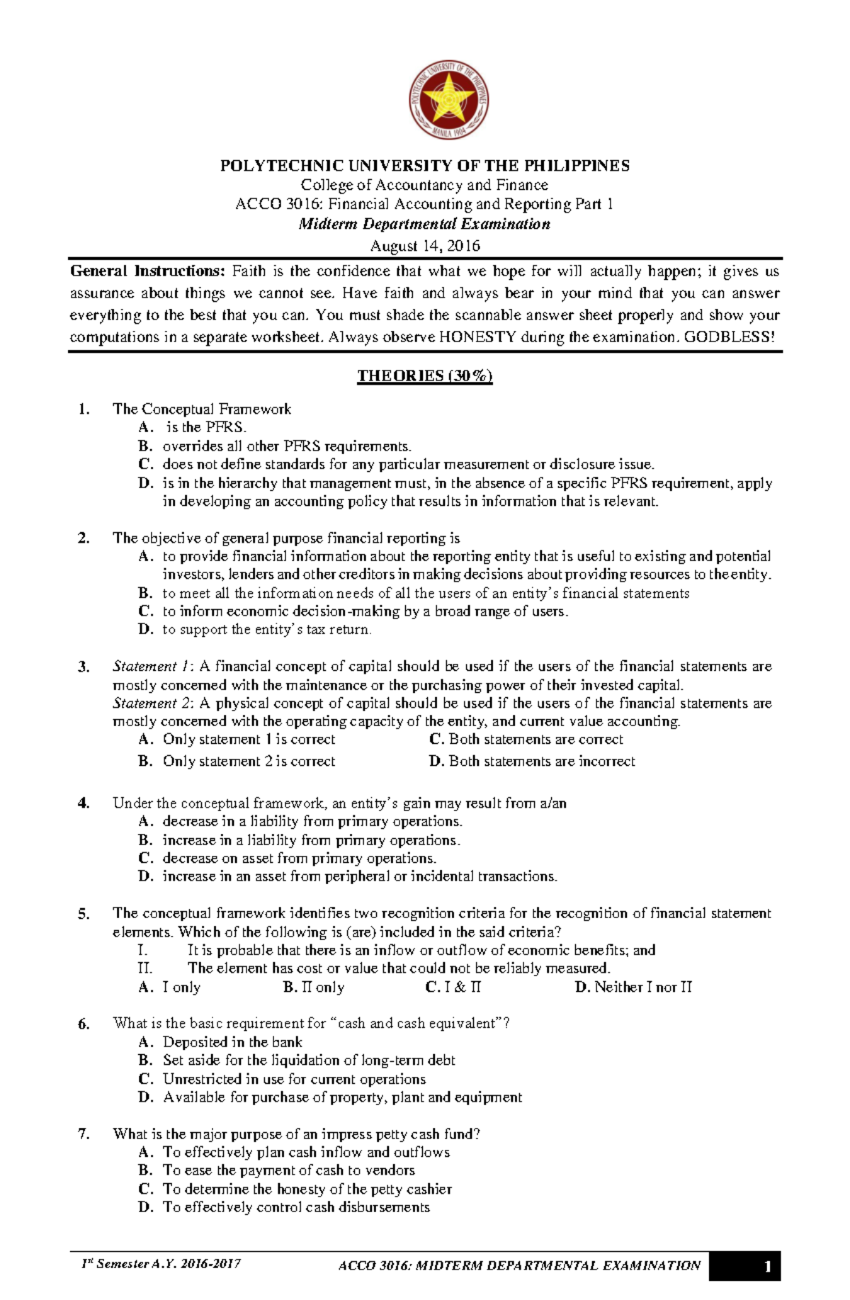 Midterm exam sample - 1 st Semester A. 2016- POLYTECHNIC UNIVERSITY OF ...