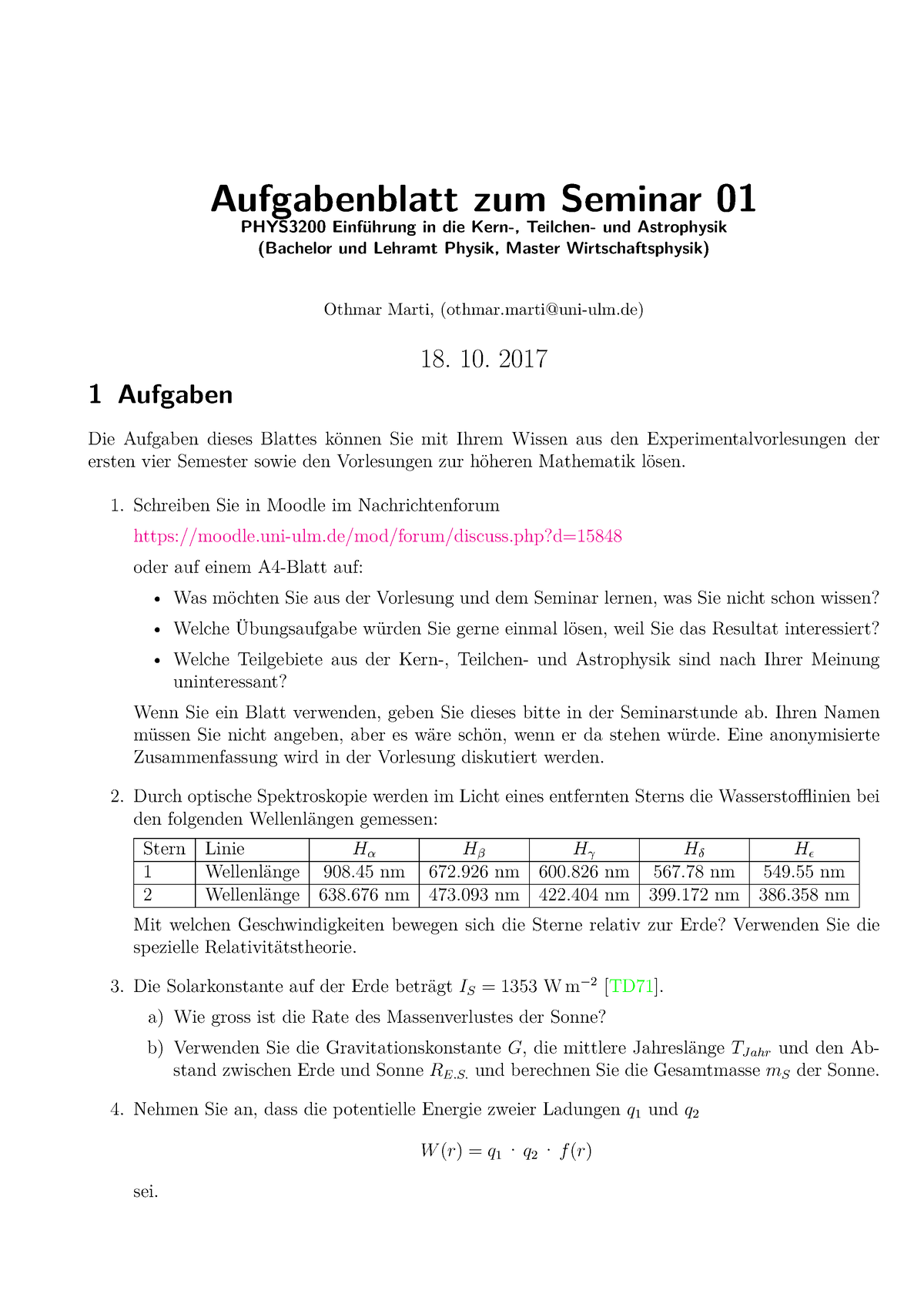 Aufgabenblatt 01 Zu Den Seminaren Vom 18. 10. 2017 Mit L”sungen ...