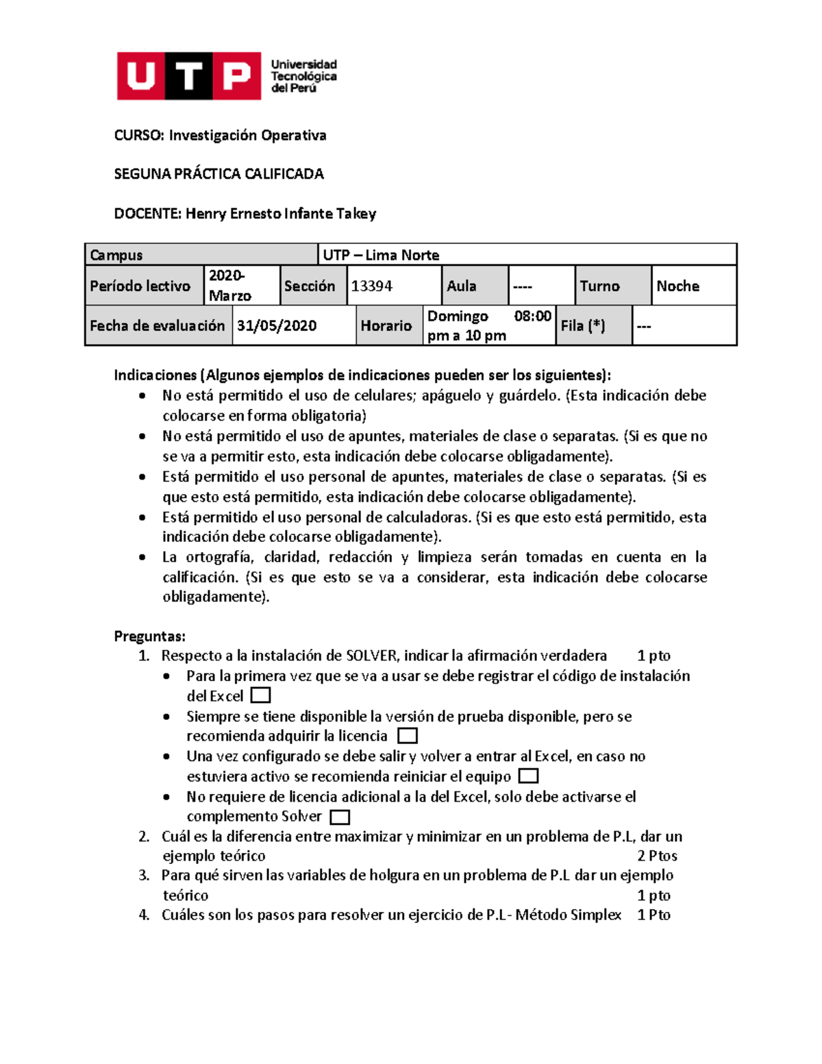 PC2 - 3cas - CURSO: Investigación Operativa SEGUNA PRÁCTICA CALIFICADA ...