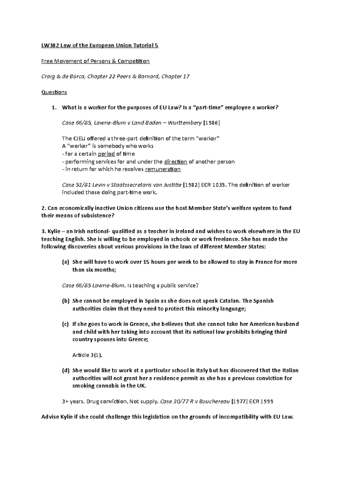 LW302 Law of the European Union Tutorial 5 - The definition of worker ...