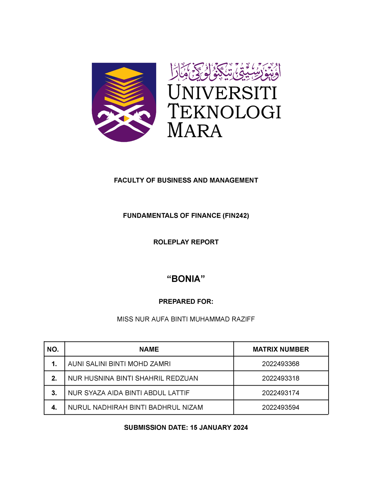 FIN242 - group assignments - FACULTY OF BUSINESS AND MANAGEMENT ...