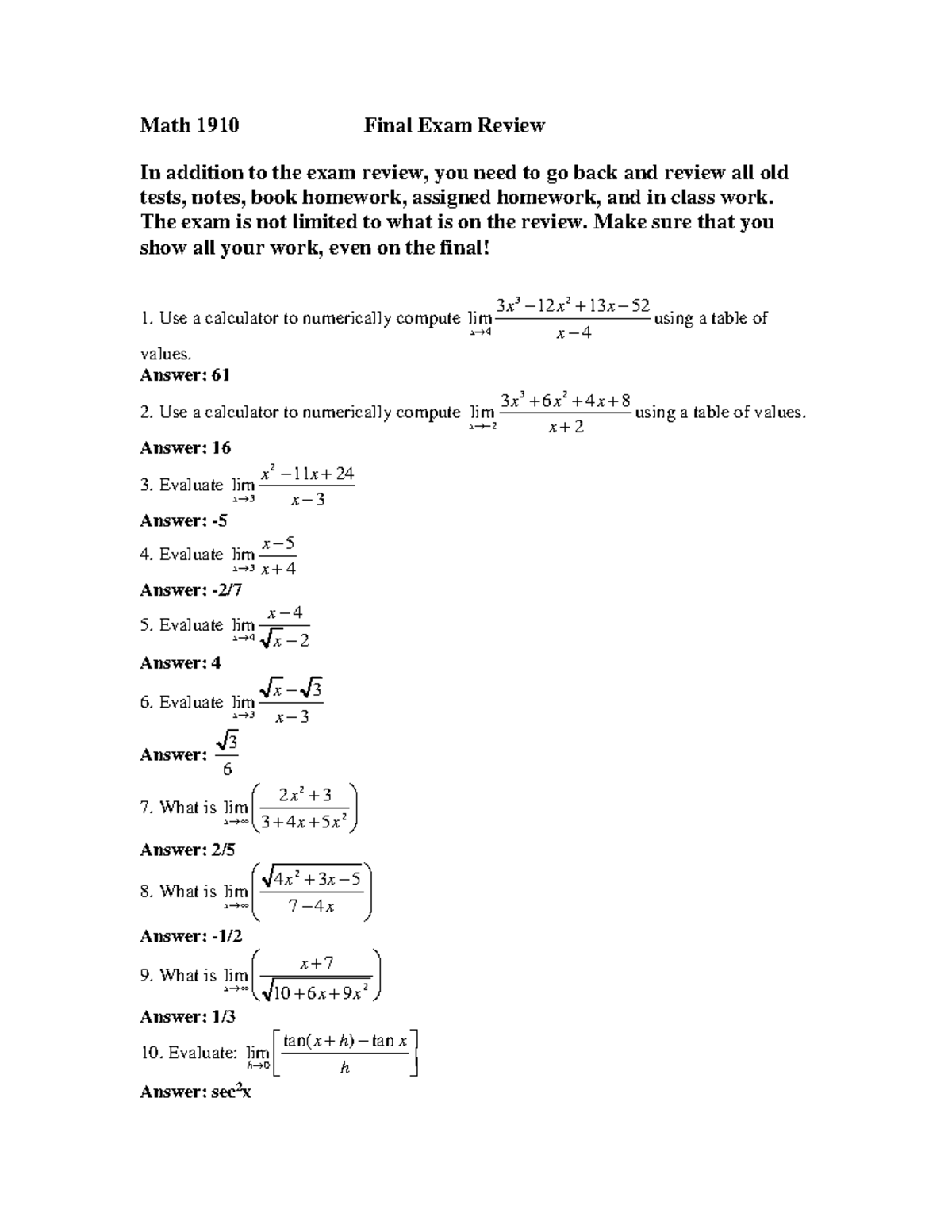 MATH 1910 Final Exam Review - Math 1910 Final Exam Review In addition ...
