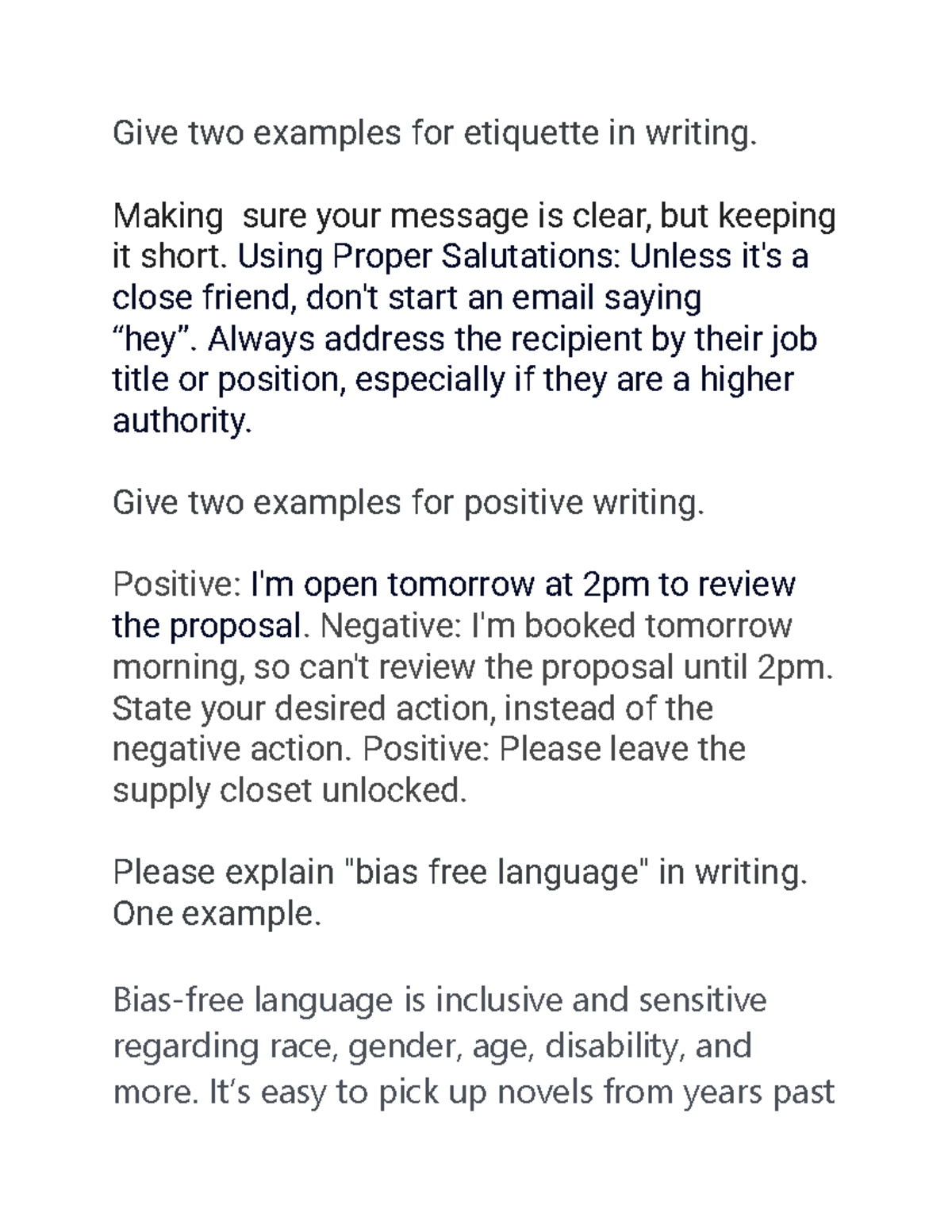 Exam questions - Management - Give two examples for etiquette in ...