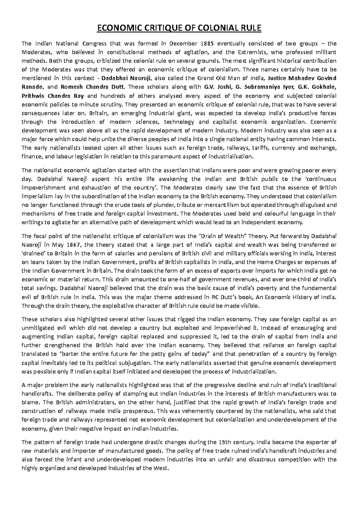 Mod India Economic Critique of Colonial Rule - ECONOMIC CRITIQUE OF ...