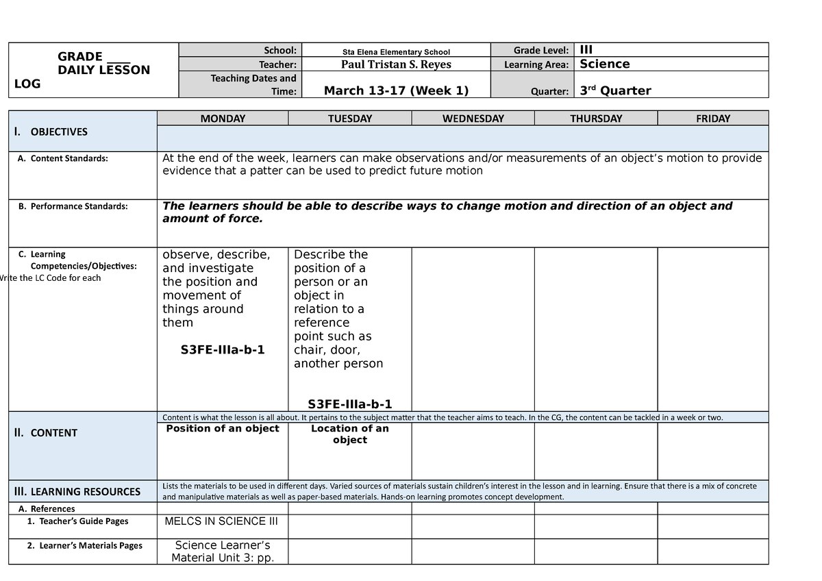 DLL Daily Lesson Log - GRADE ____ DAILY LESSON LOG School: Sta Elena ...