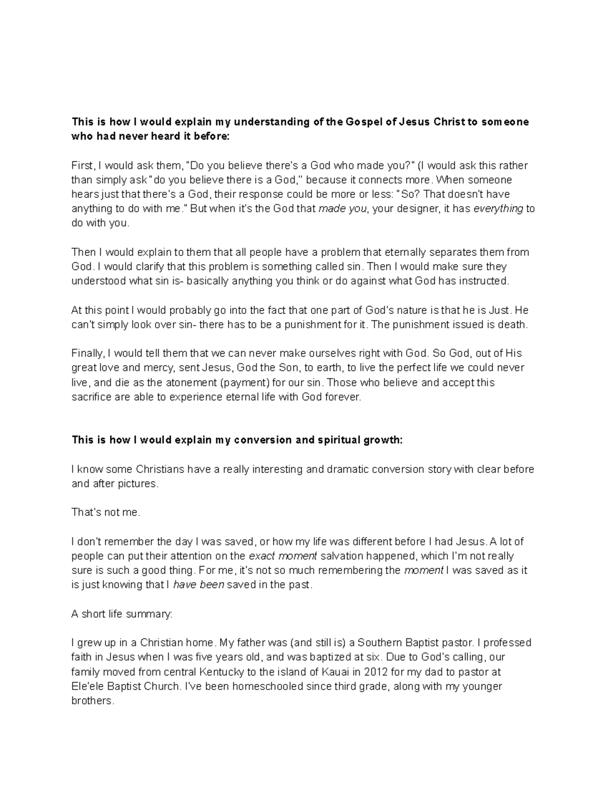 Personal statement of faith this is how i would explain my