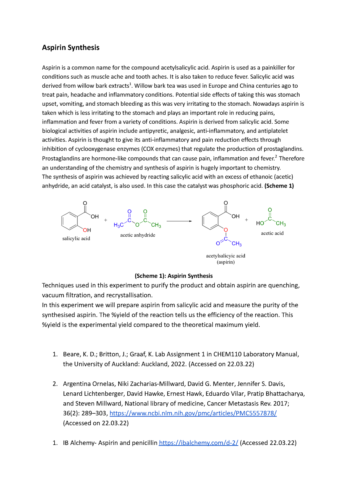 lab report on the synthesis of aspirin