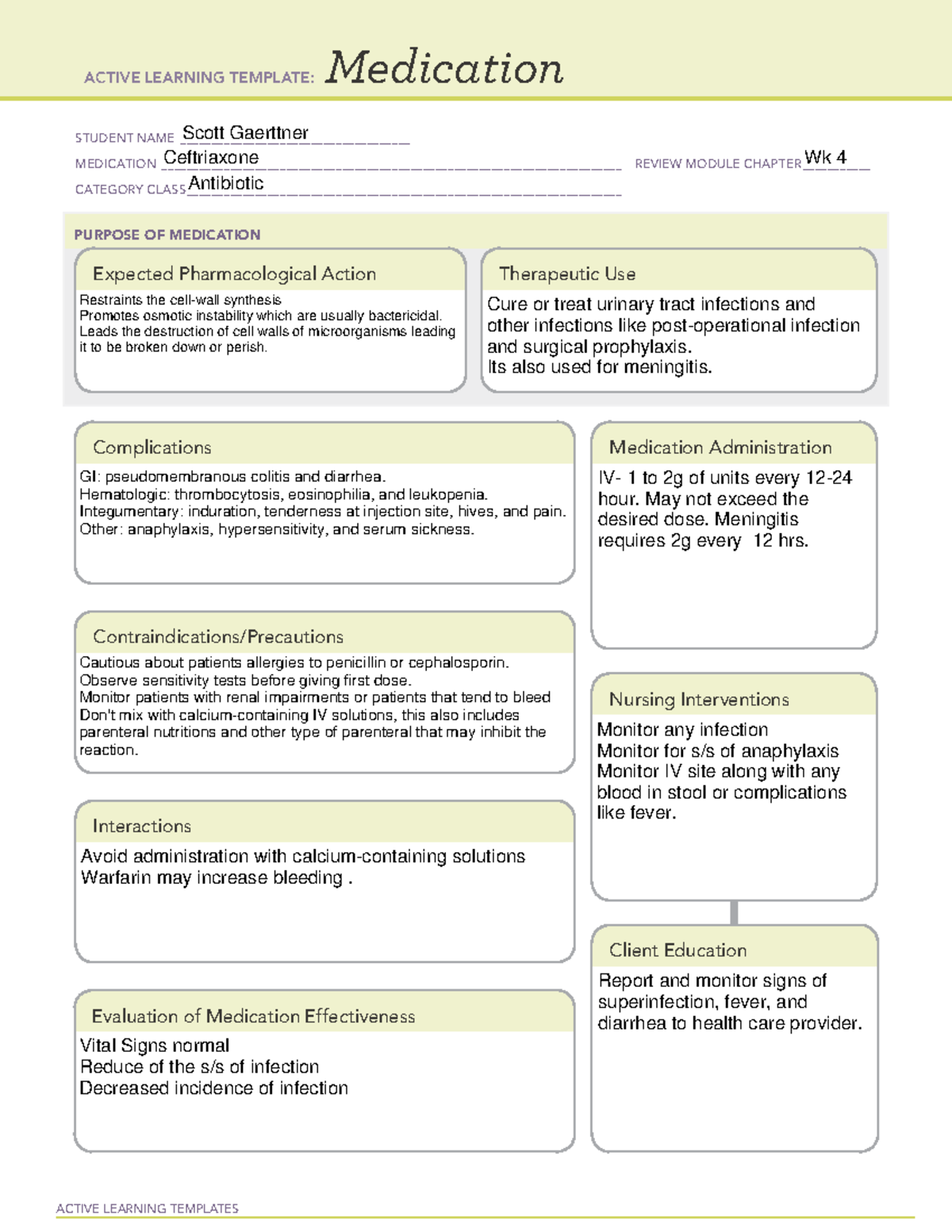 Med Sheet ceftriaxone - ACTIVE LEARNING TEMPLATES Medication STUDENT ...