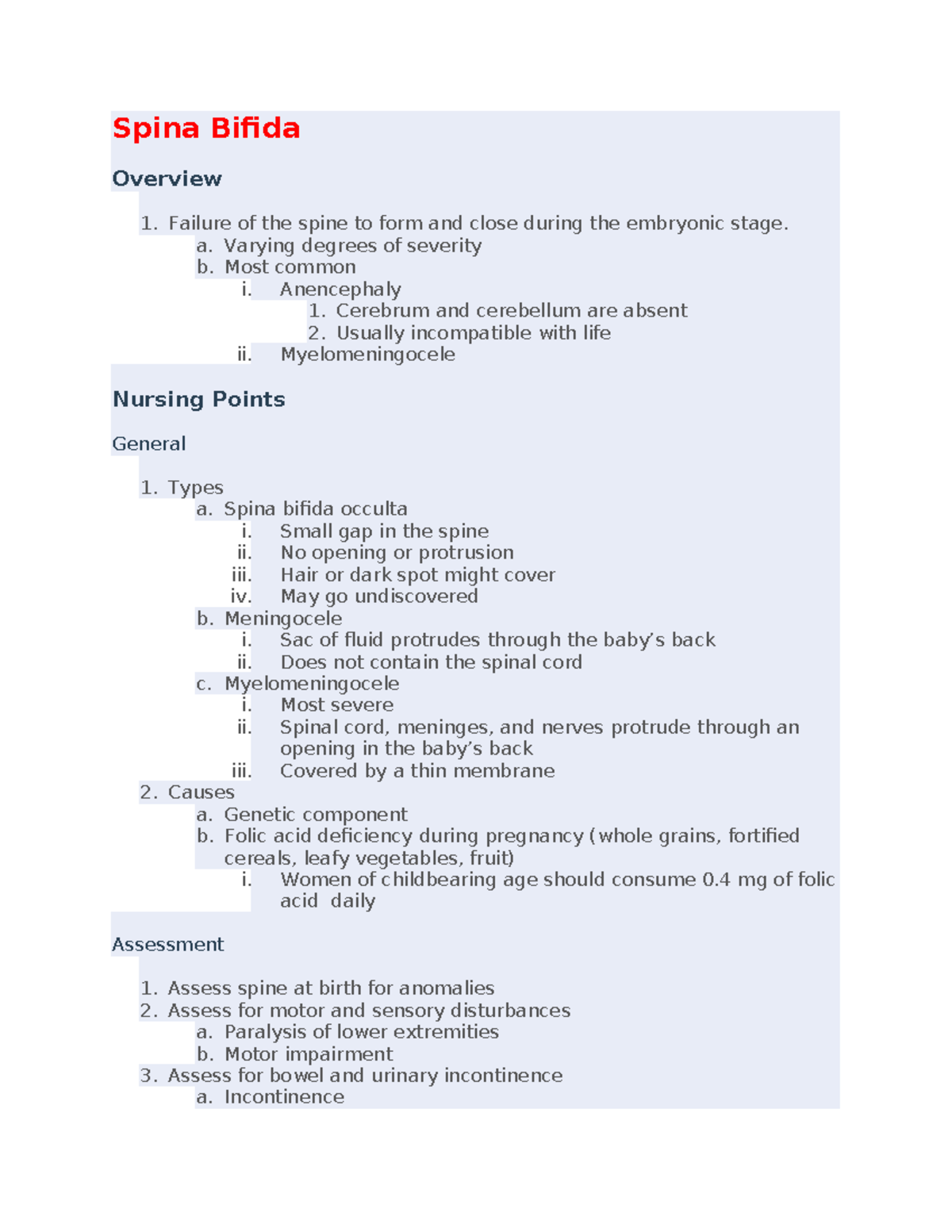 Spina Bifida Notes - Spina Bifida Overview 1. Failure of the spine to ...