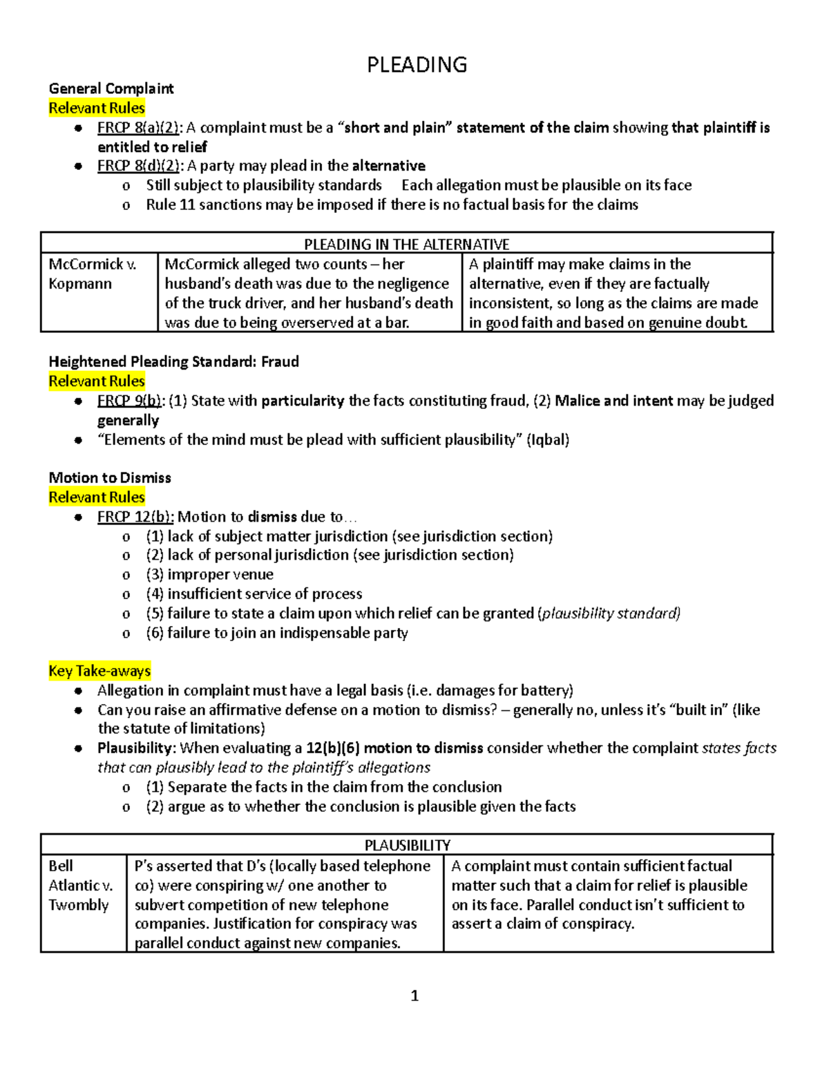 Marcus Civil Procedure I 2020 (A) PLEADING General Complaint Relevant