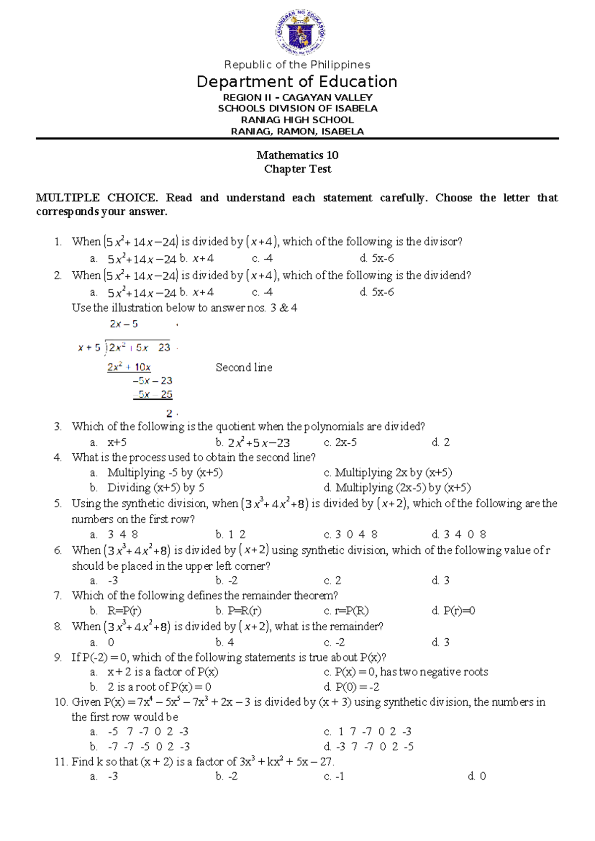 MATH 10 Q1 QUIZ 3 - math - Republic of the Philippines Department of ...
