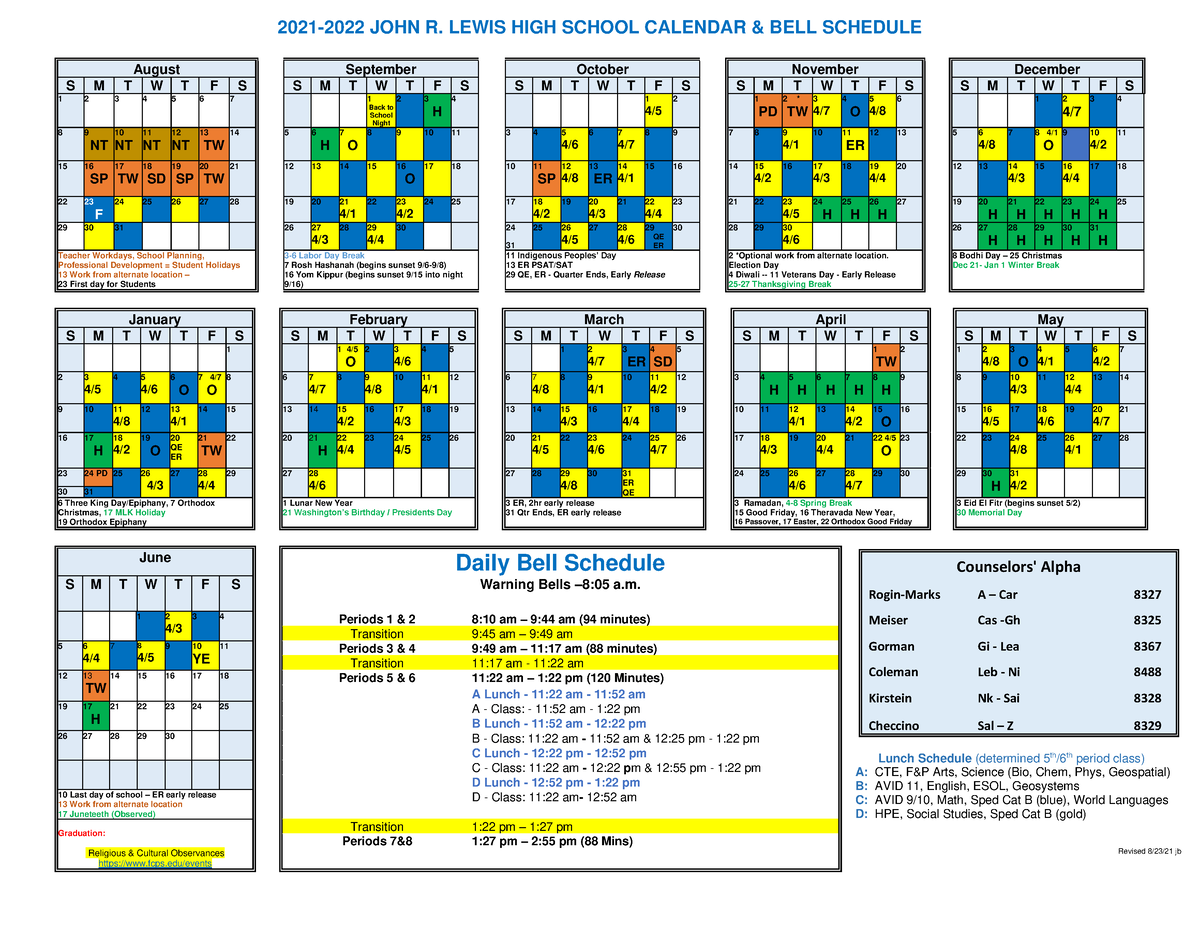 202122 John R. Lewis HS Calendar Bell Schedule Final 816 20212022