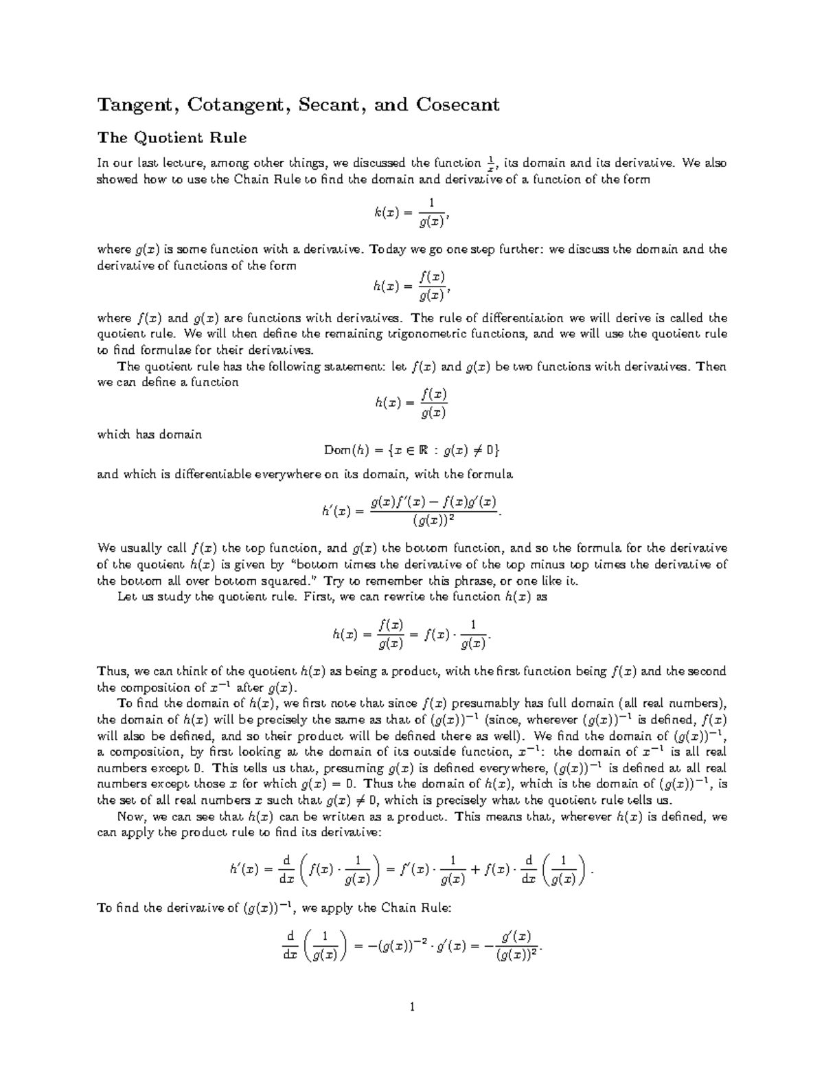 Qoutient rule - rule - Tangent, Cotangent, Secant, and Cosecant The ...