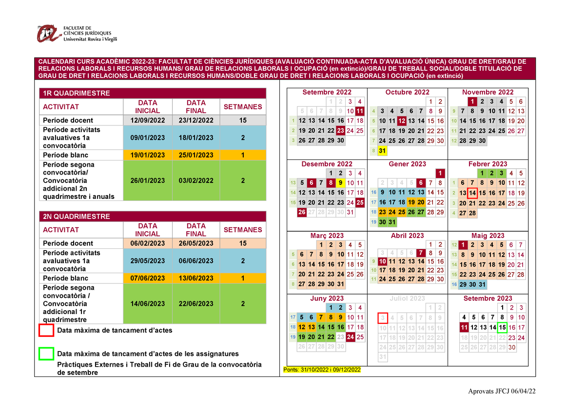 Calendari Academic Graus 2022 2023 FCJ v 110322 Aprovats JFCJ 06/04