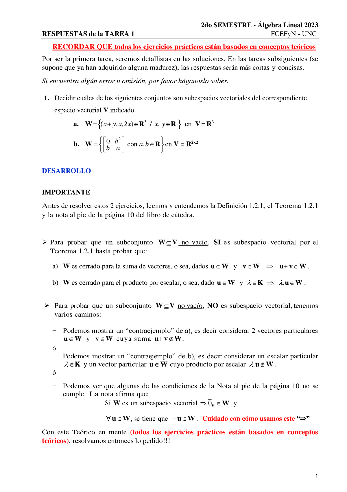 Respuestas Tarea 1 2do SEM 2023 - 2do SEMESTRE - Álgebra Lineal 2023 ...