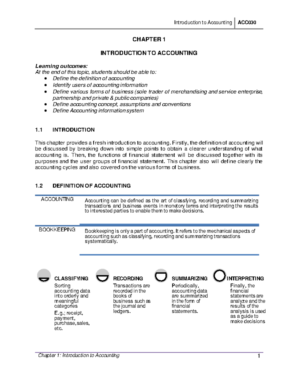 Acc030 Chapter 1 Notes Chapter 1 Introduction To Accounting Learning