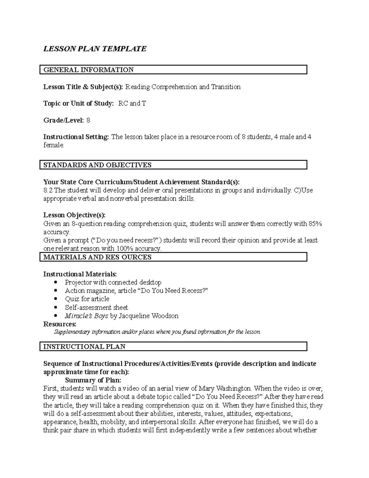 B4 lesson plan 2018 10 10 - LESSON PLAN TEMPLATE GENERAL INFORMATION ...
