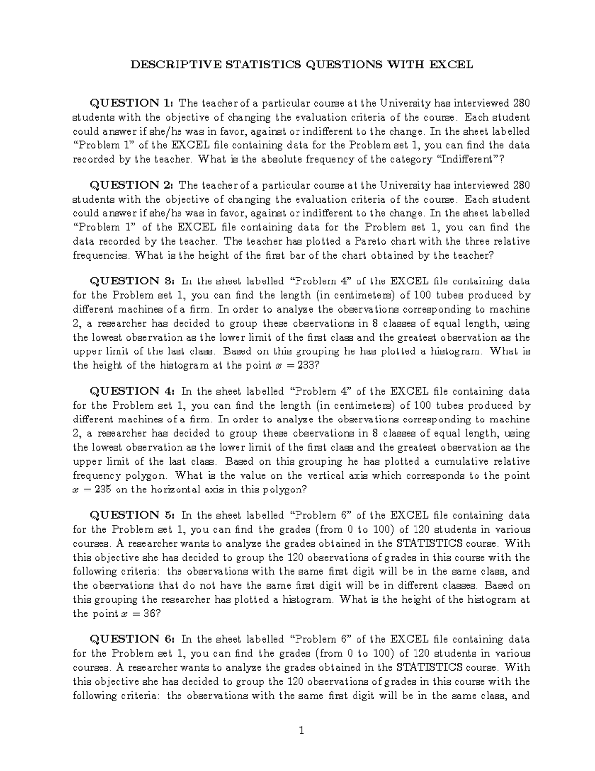 Questions Excel Exam for the excel exam - DESCRIPTIVE STATISTICS ...