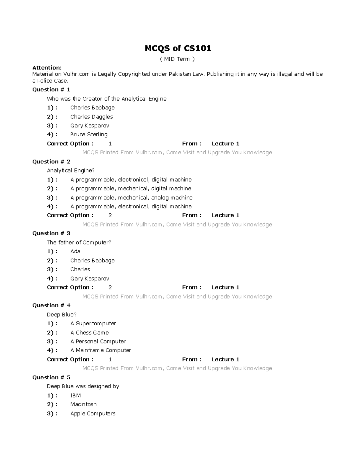 Cs101 1 To 81 Quiz - QUIZ - MCQS Of CS ( MID Term ) Attention: Material ...