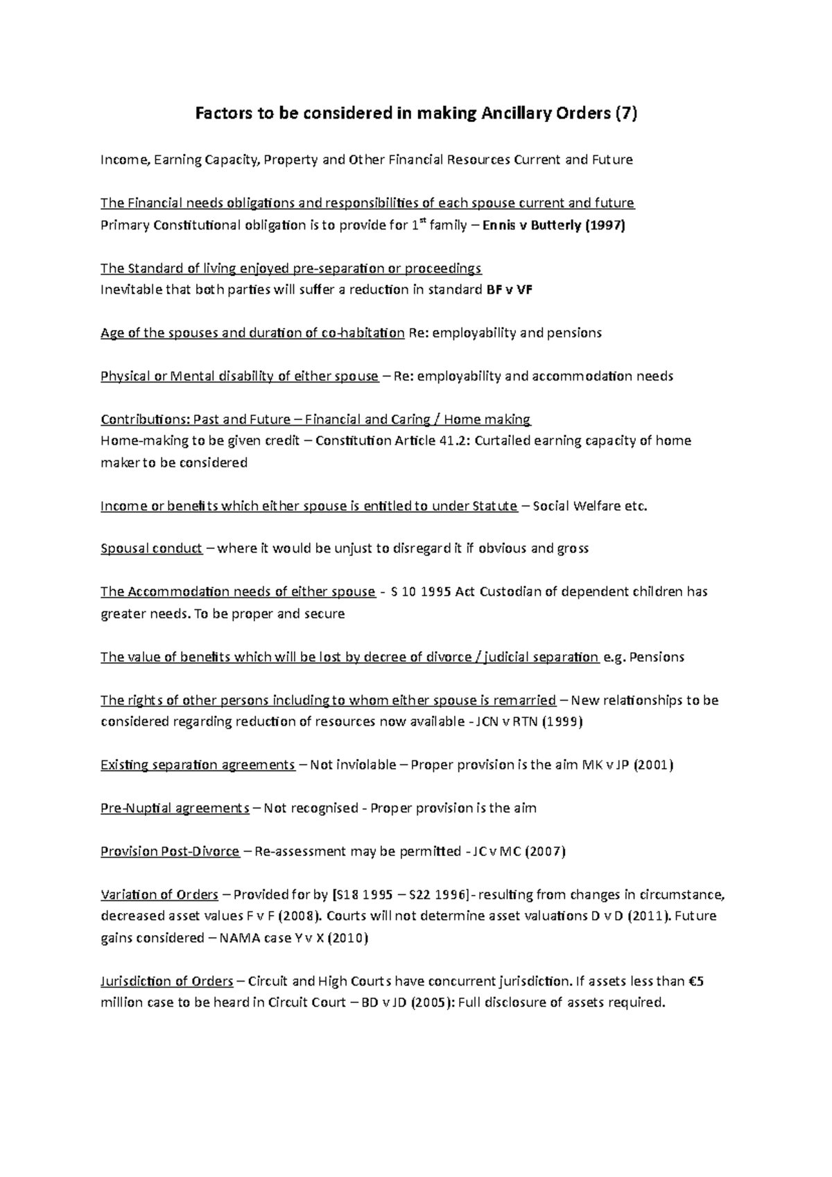 7 - Factors to be considered in making Ancillary Orders - Factors to be ...