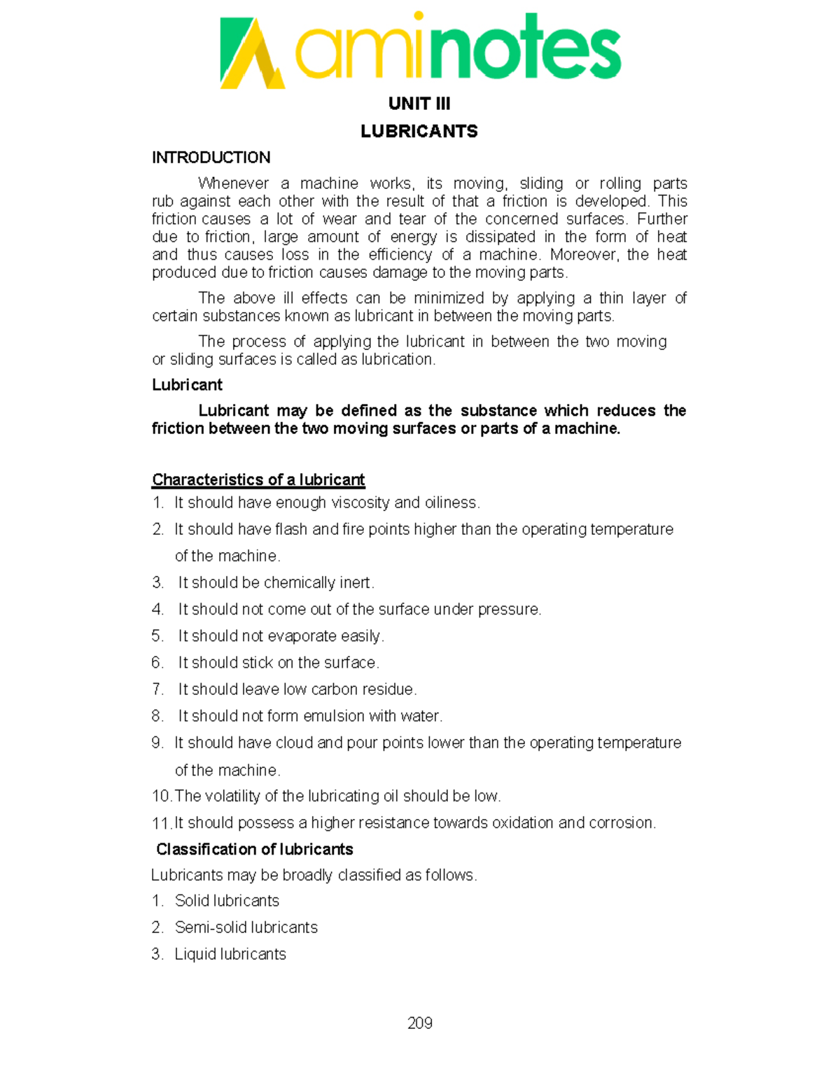 Chemistry Notes - UNIT III LUBRICANTS INTRODUCTION Whenever A Machine ...