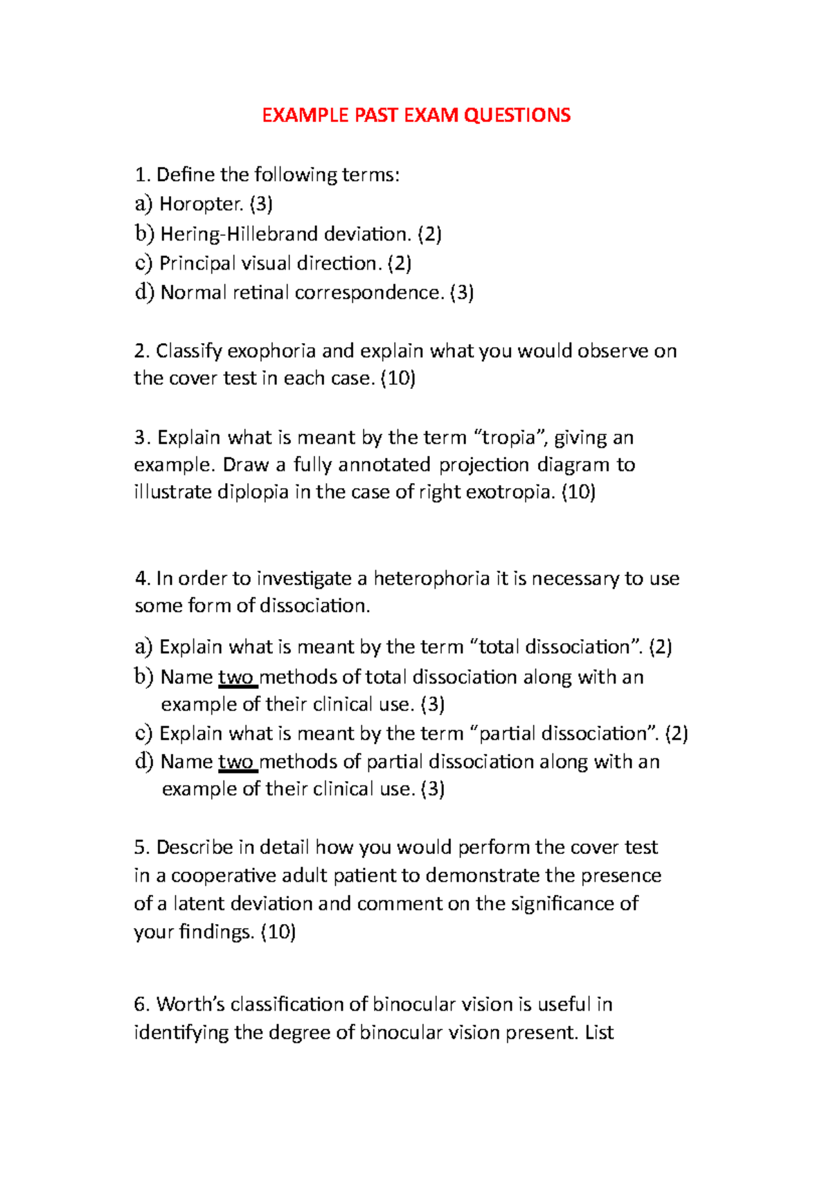 Refraction and Binocular vision 1 Example exam questions EXAMPLE