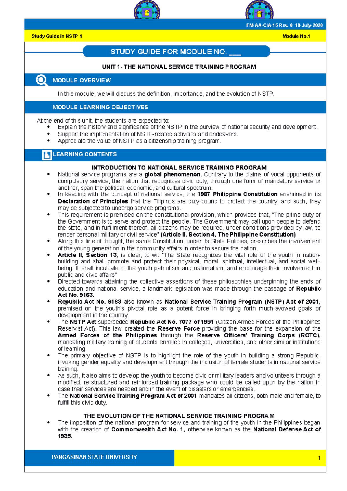 Evolution Of NSTP 1 - Nstp Module - PANGASINAN STATE UNIVERSITY Study ...