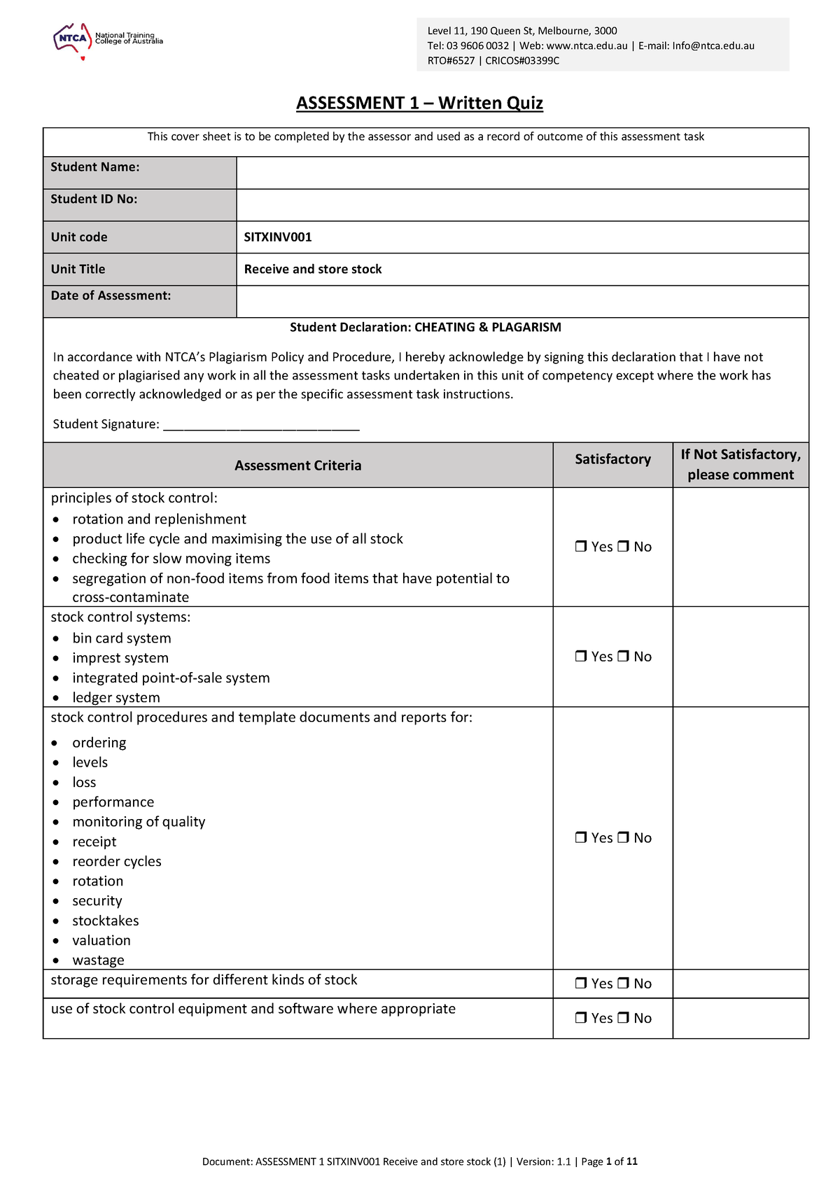 Assessment 1 Sitxinv 001 Receive and store stock - Tel: 03 9606 0032 ...