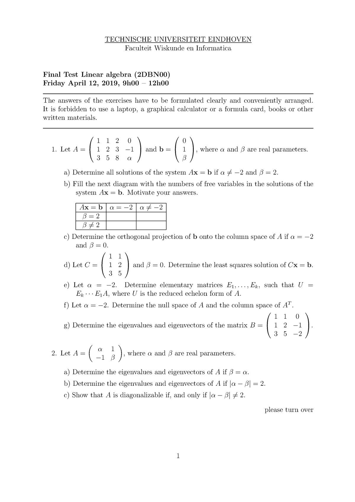 Tentamen 12 April 19 Vragen Lineaire Algebra 2dbn00 Studocu
