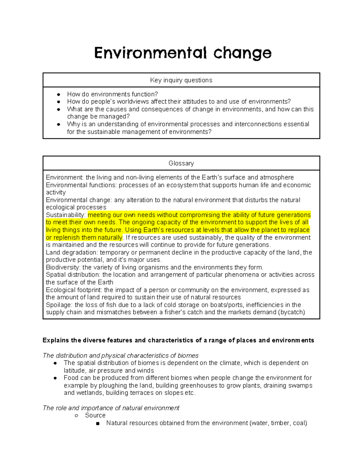 Environmental change notes - Environmental change Key inquiry questions ...