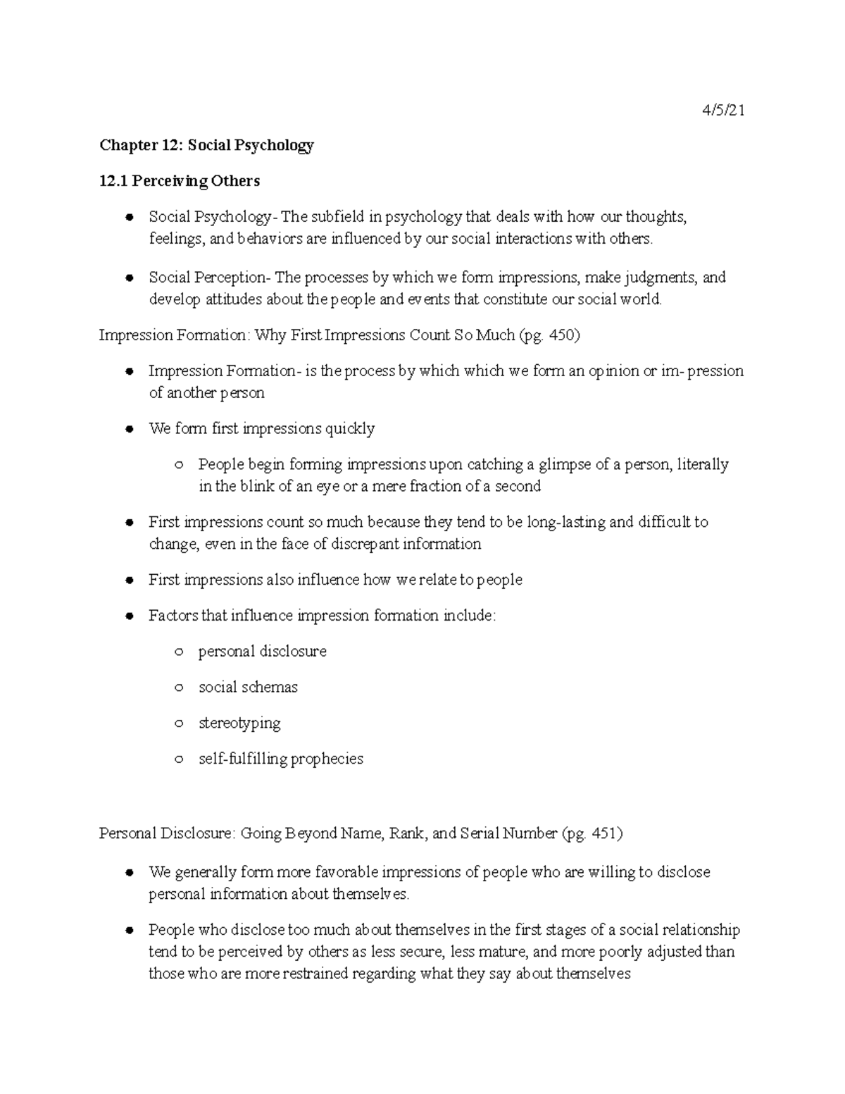 Intro to Psych Chapter 12 Notes - 4/5/ Chapter 12: Social Psychology 12 ...