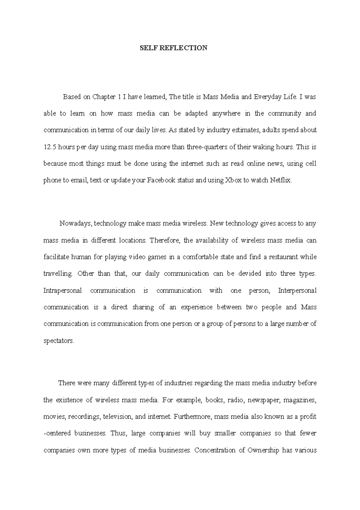 COM167 SELF Reflection - SELF REFLECTION Based on Chapter 1 I have ...