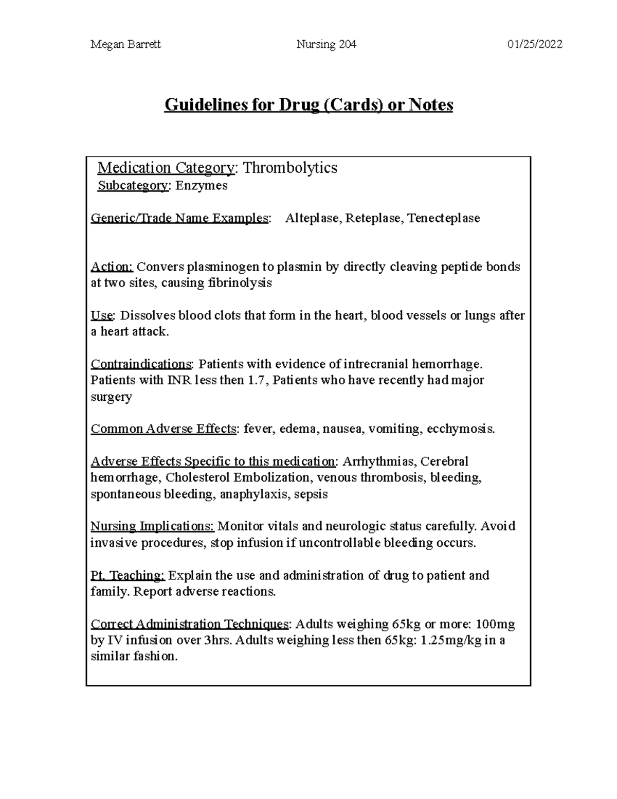 Alteplase - drug card/study guide - NUR 205 - ECPI University - Studocu