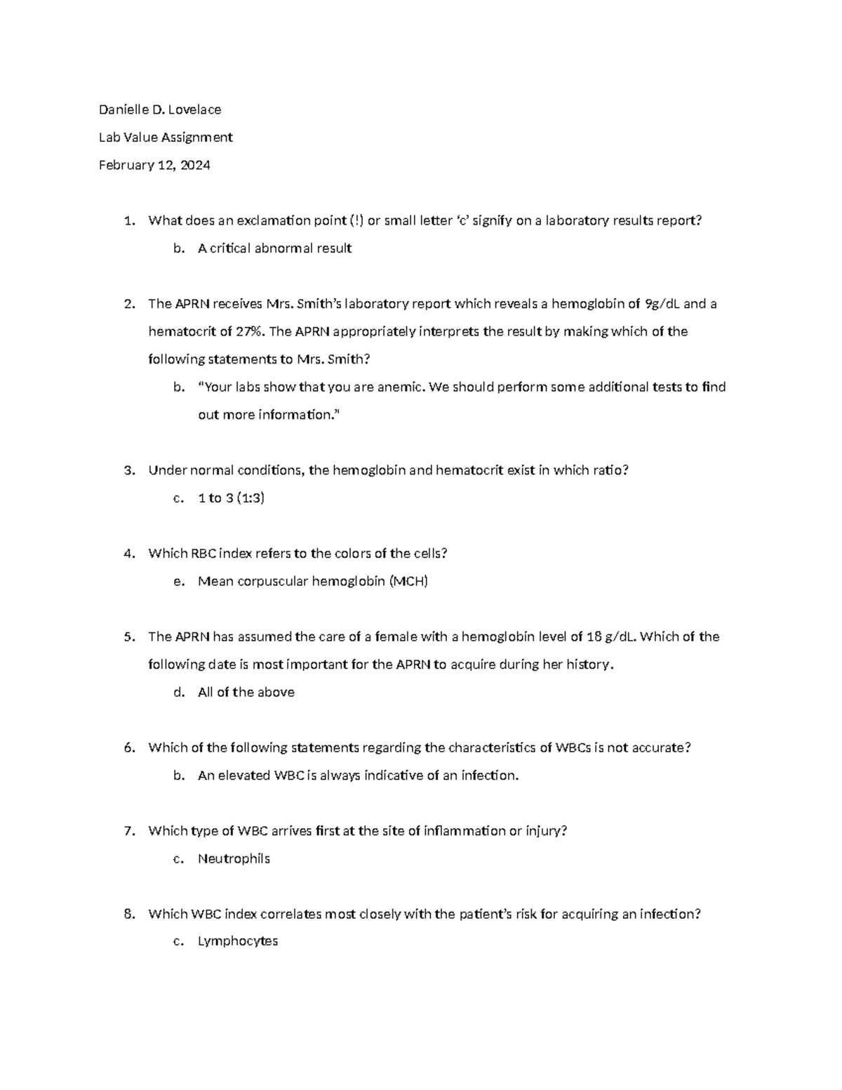 Lab Value Questions Danielle D. Lovelace Lab Value Assignment