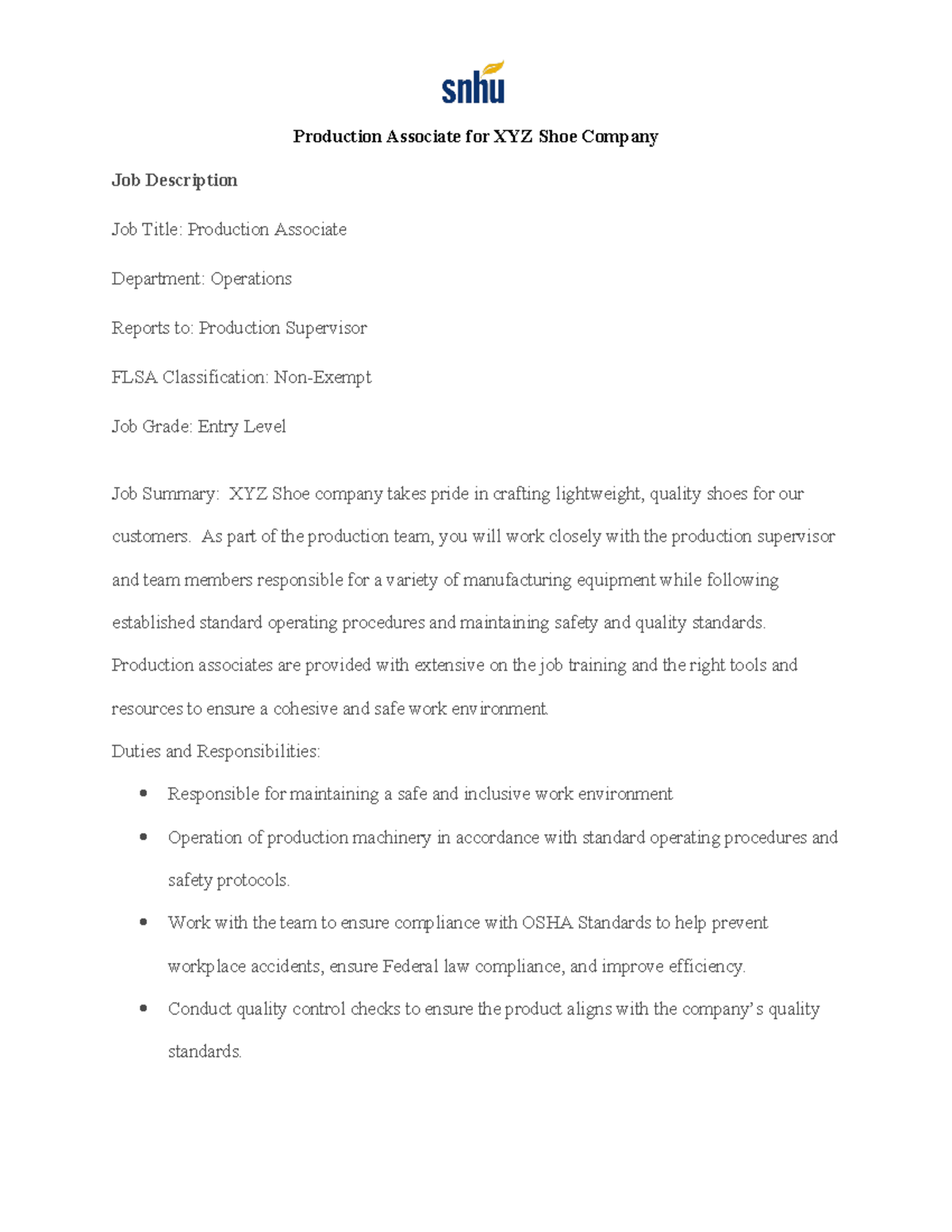 HRM 300 Milestone One Job Description Template Production Associate