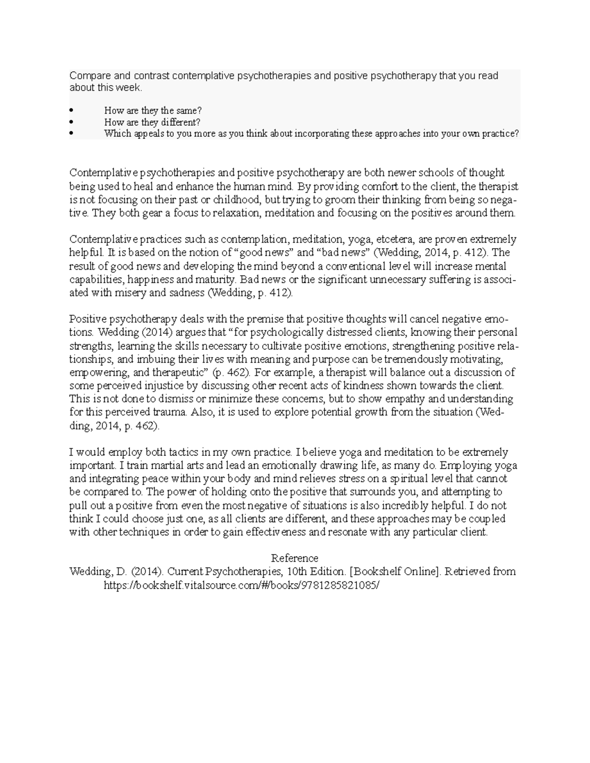 Compare And Contrast Contemplative Psychotherapies And Positive Studocu