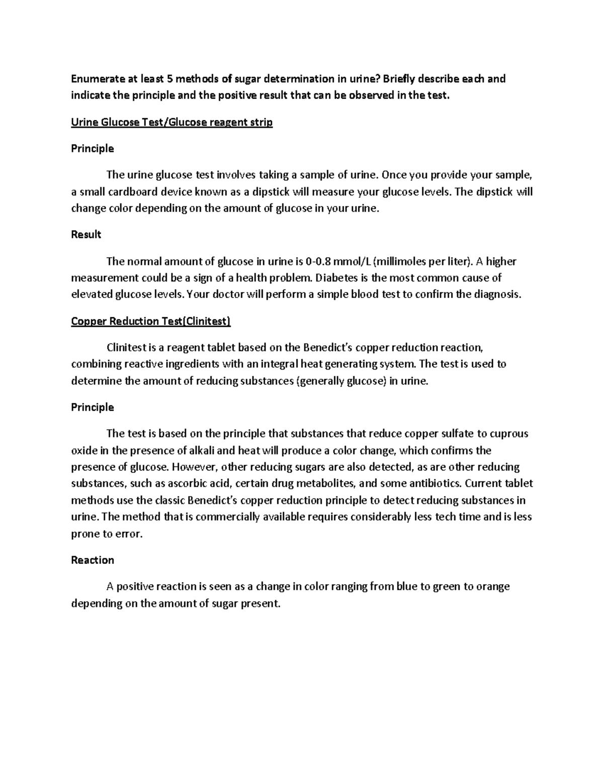 Methods of sugar determination in urine Urine Glucose Test/Glucose