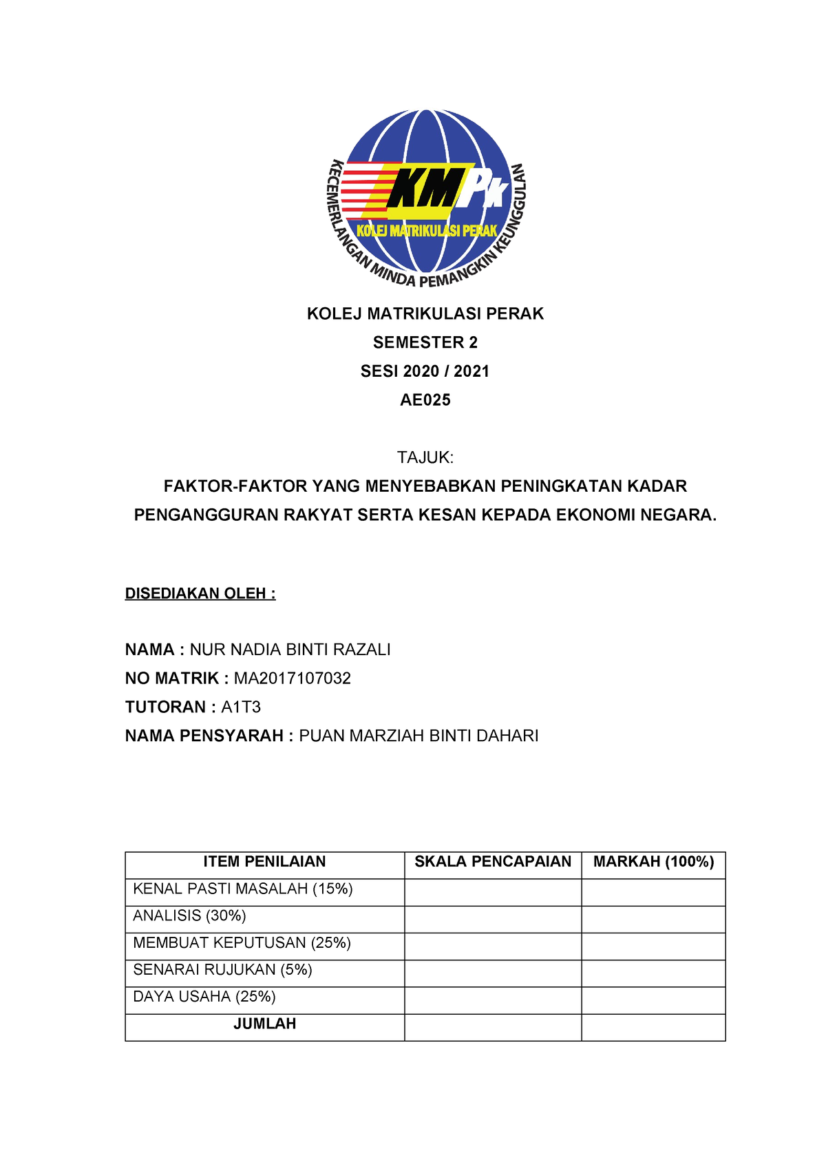 contoh assignment ekonomi matrikulasi