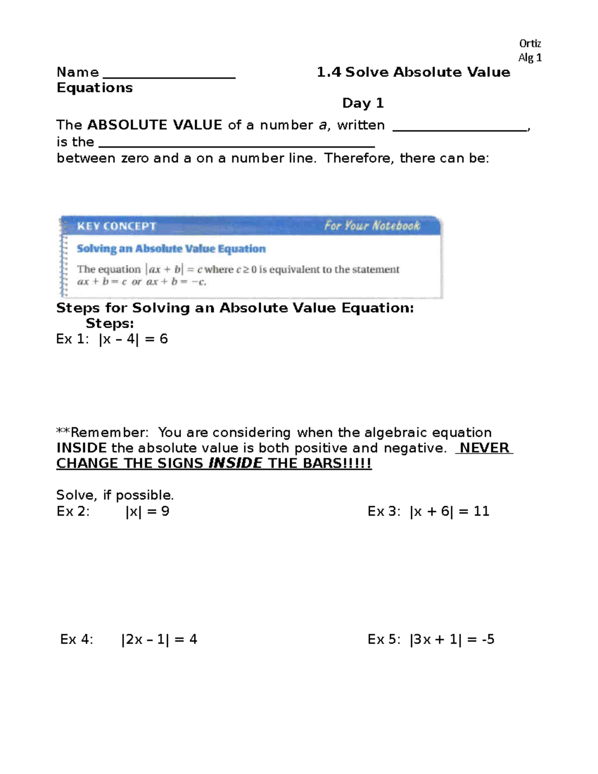 1 - Notes from my school - Name 1 Solve Absolute Value Equations Day 1 ...