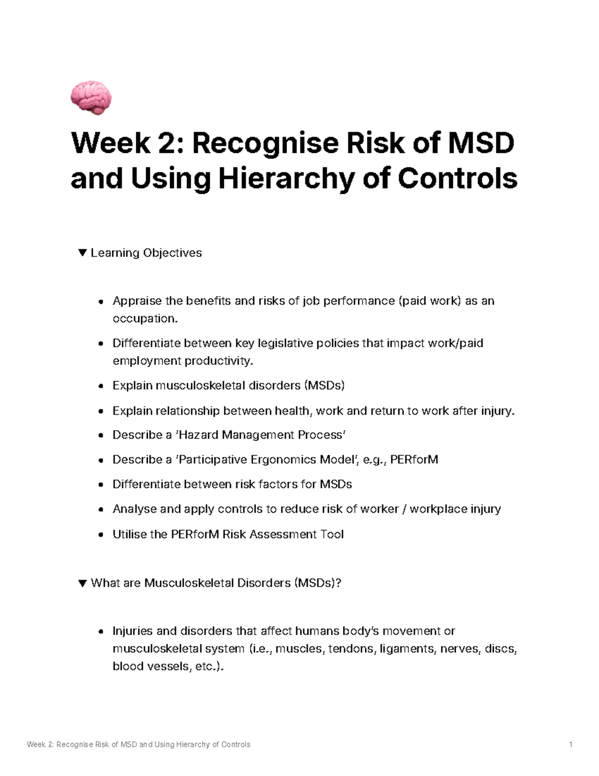 Week 2 - Recognise Risk of MSD and Using Hierarchy of Controls - 🧠 Week ...