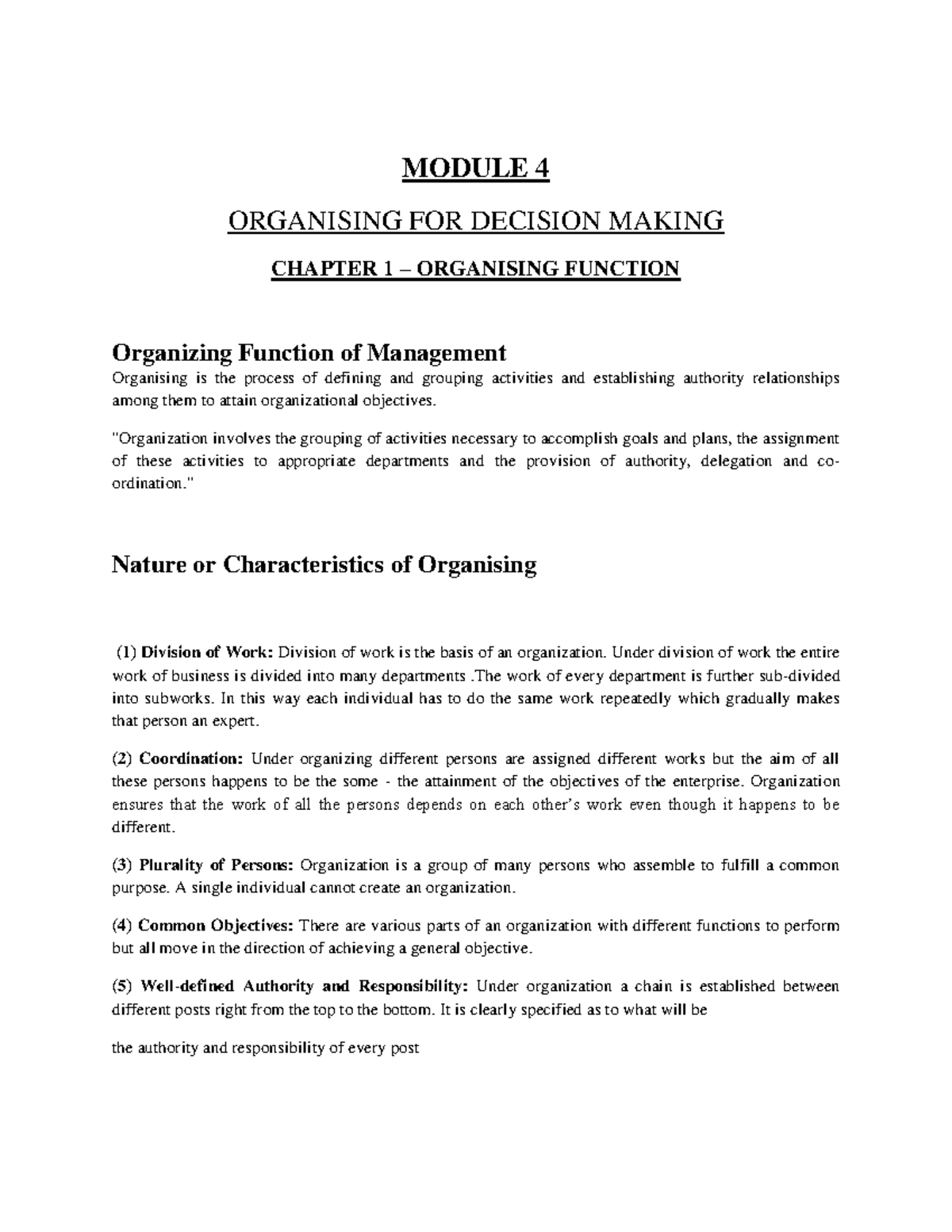 POM Module 4 Lecture notes 4 MODULE 4 ORGANISING FOR DECISION