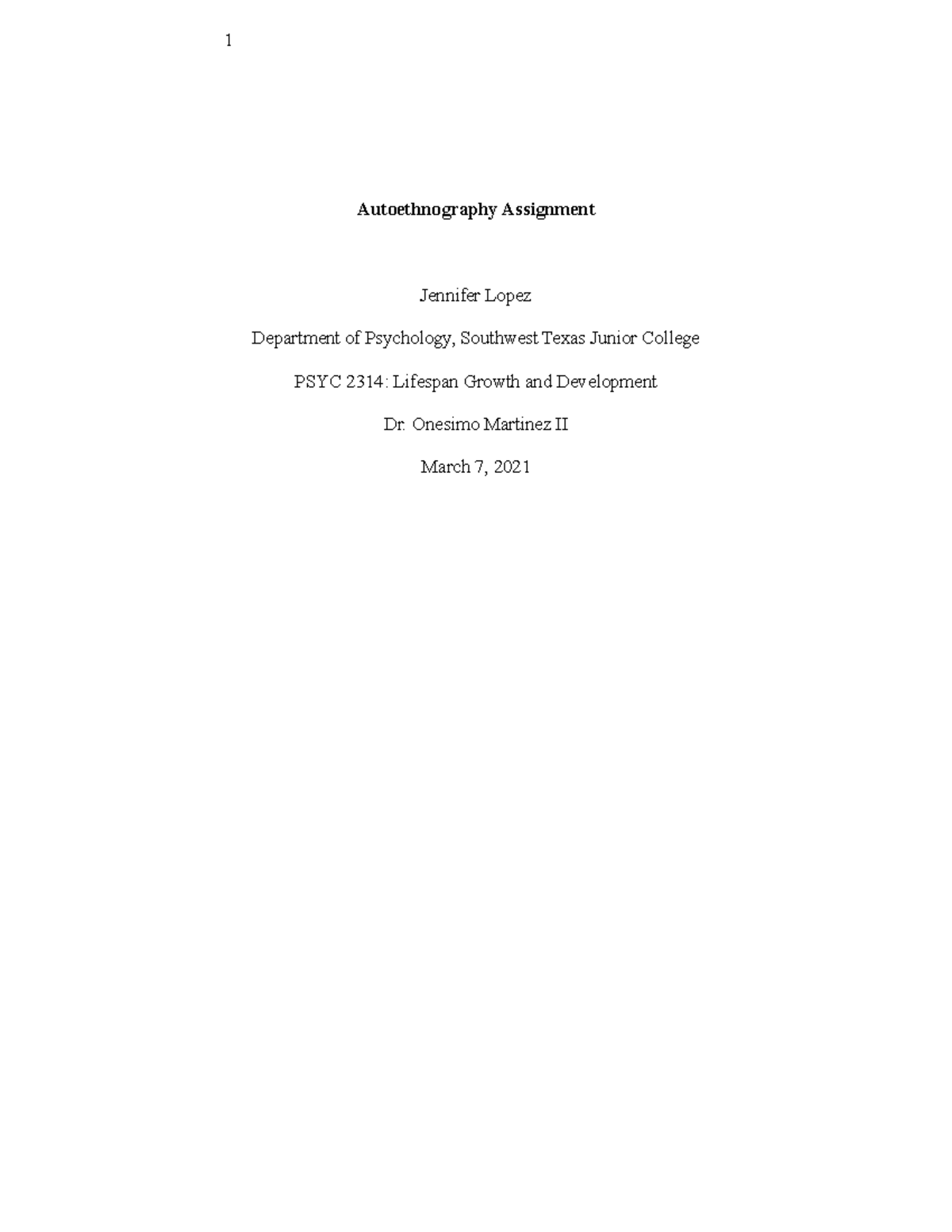 Copy of Autoethnography Assignment (JL) - Autoethnography Assignment ...