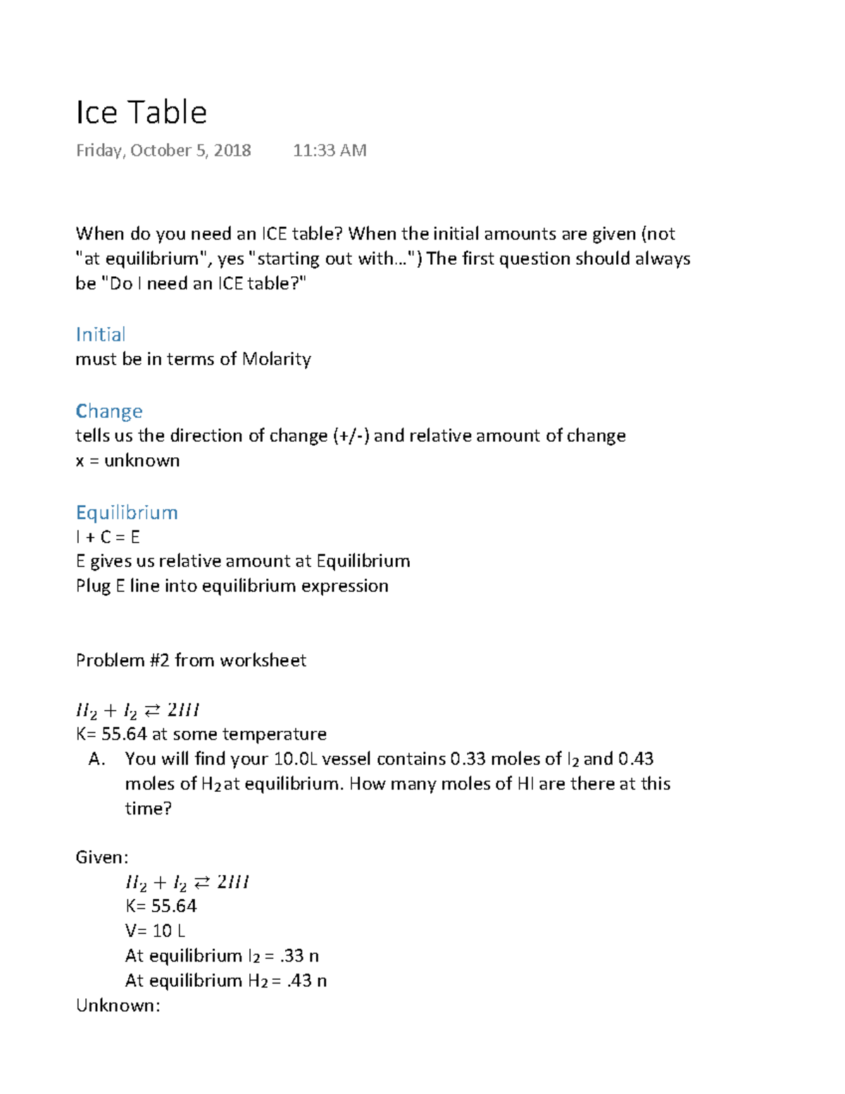 Ice Table Lecture notes 7 Ice Table Friday, October 5, 2018 1133