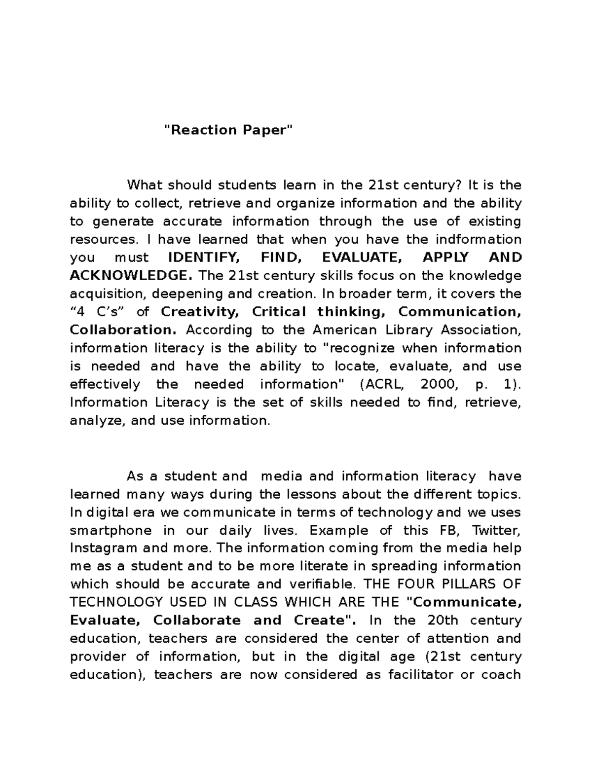 essay about media information and technology literacy