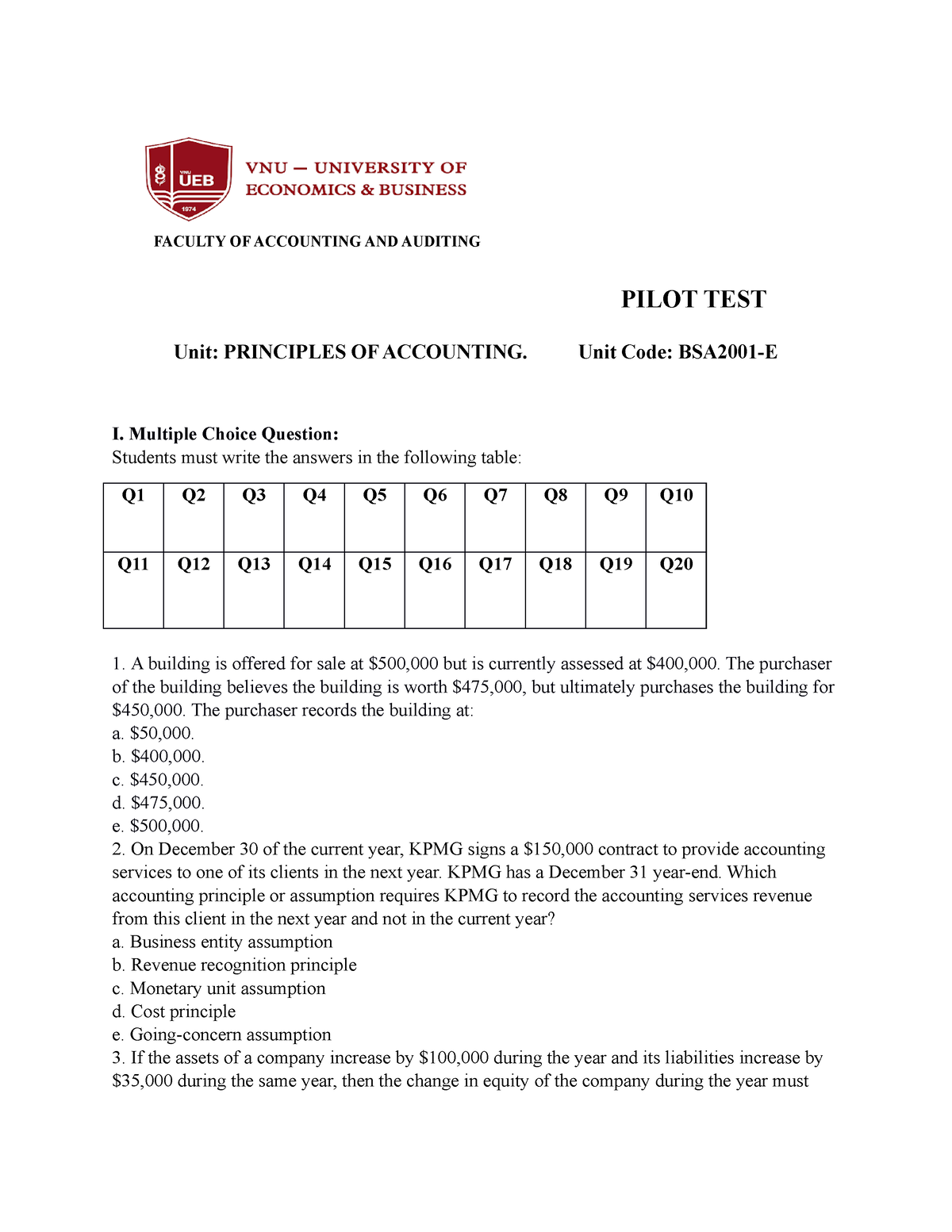 Pilot TEST - PILOT TEST Unit: PRINCIPLES OF ACCOUNTING. Unit Code ...