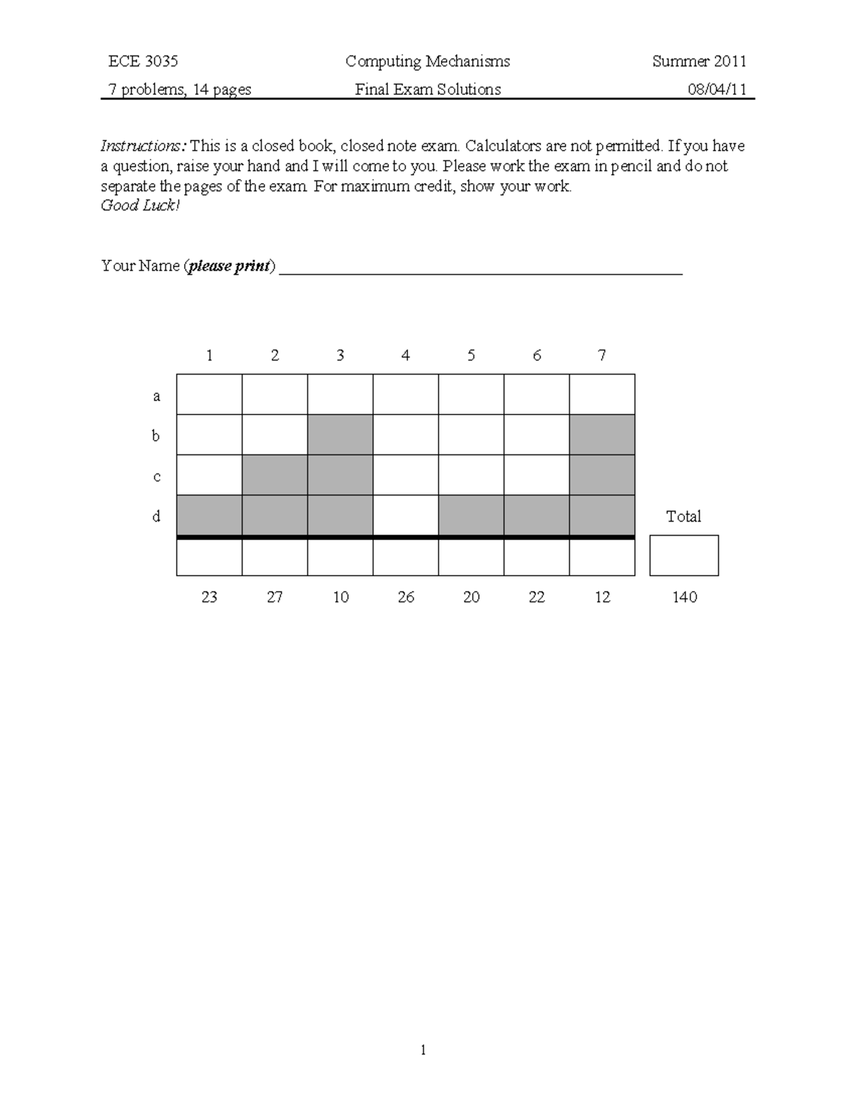 SU11 Final Exam Soln - Practice Tests - 7 Problems, 14 Pages Final Exam ...