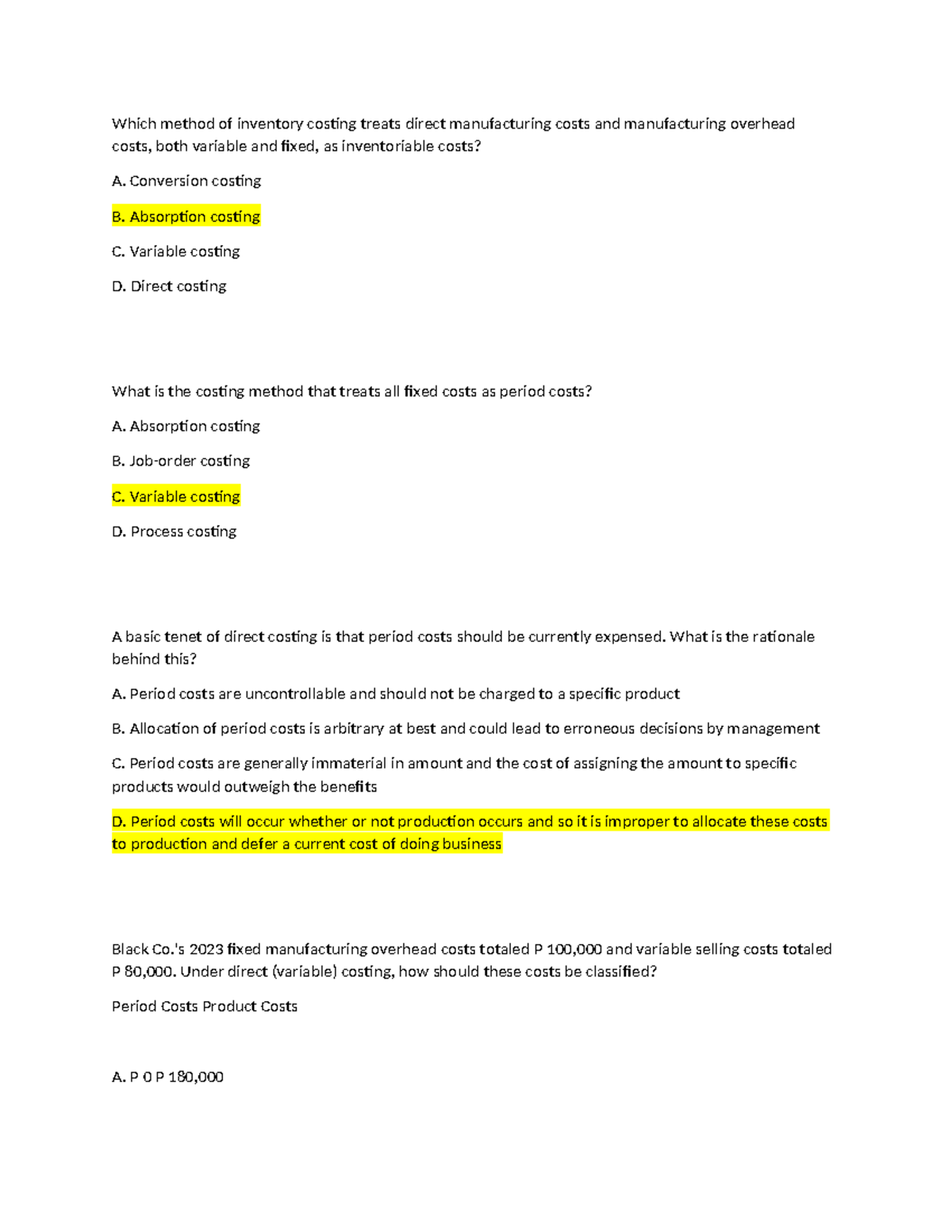 Costing under AC and VC - Additional Practice Exercise - Which method ...