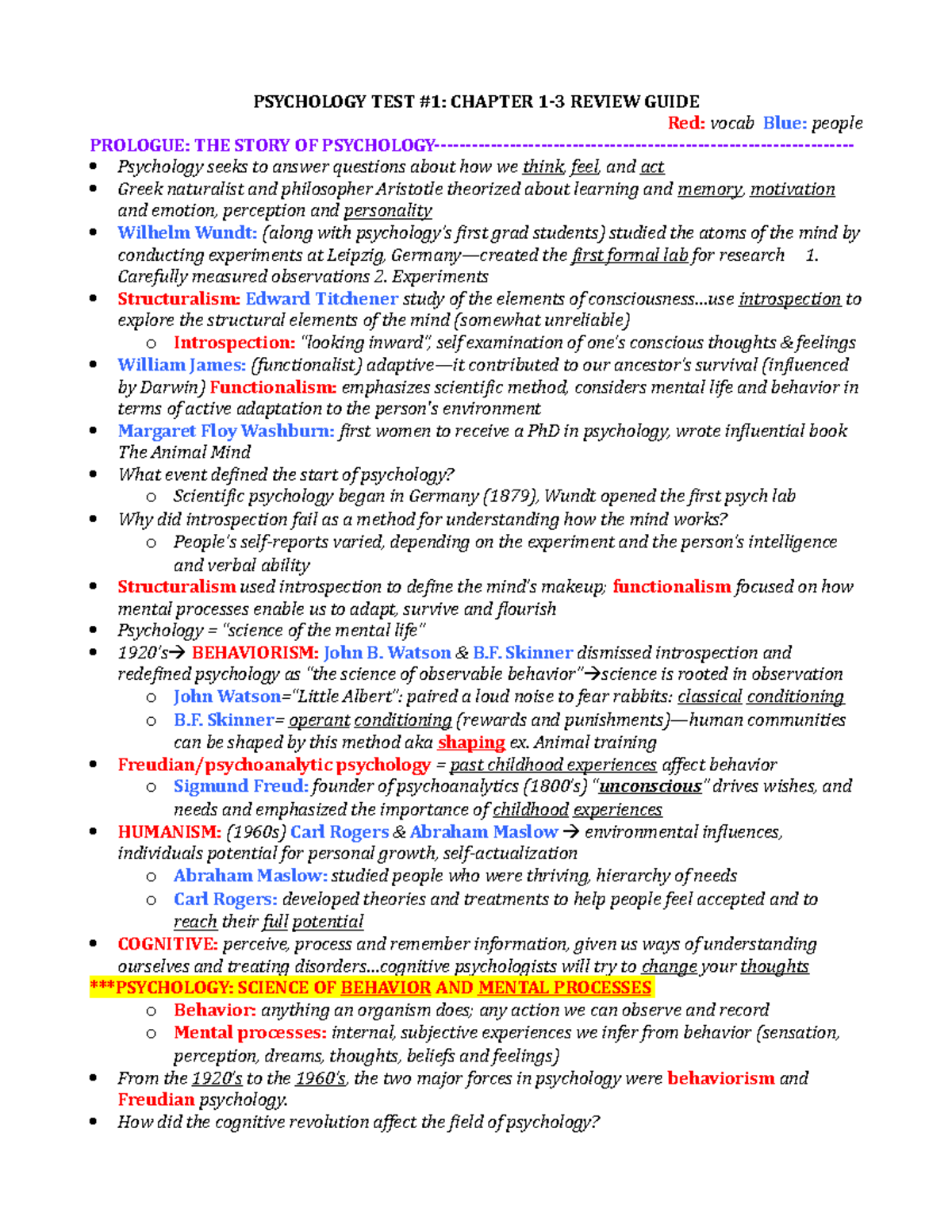 Psychology TEST #1 Review Guide - PSYCHOLOGY TEST #1: CHAPTER 1-3 ...