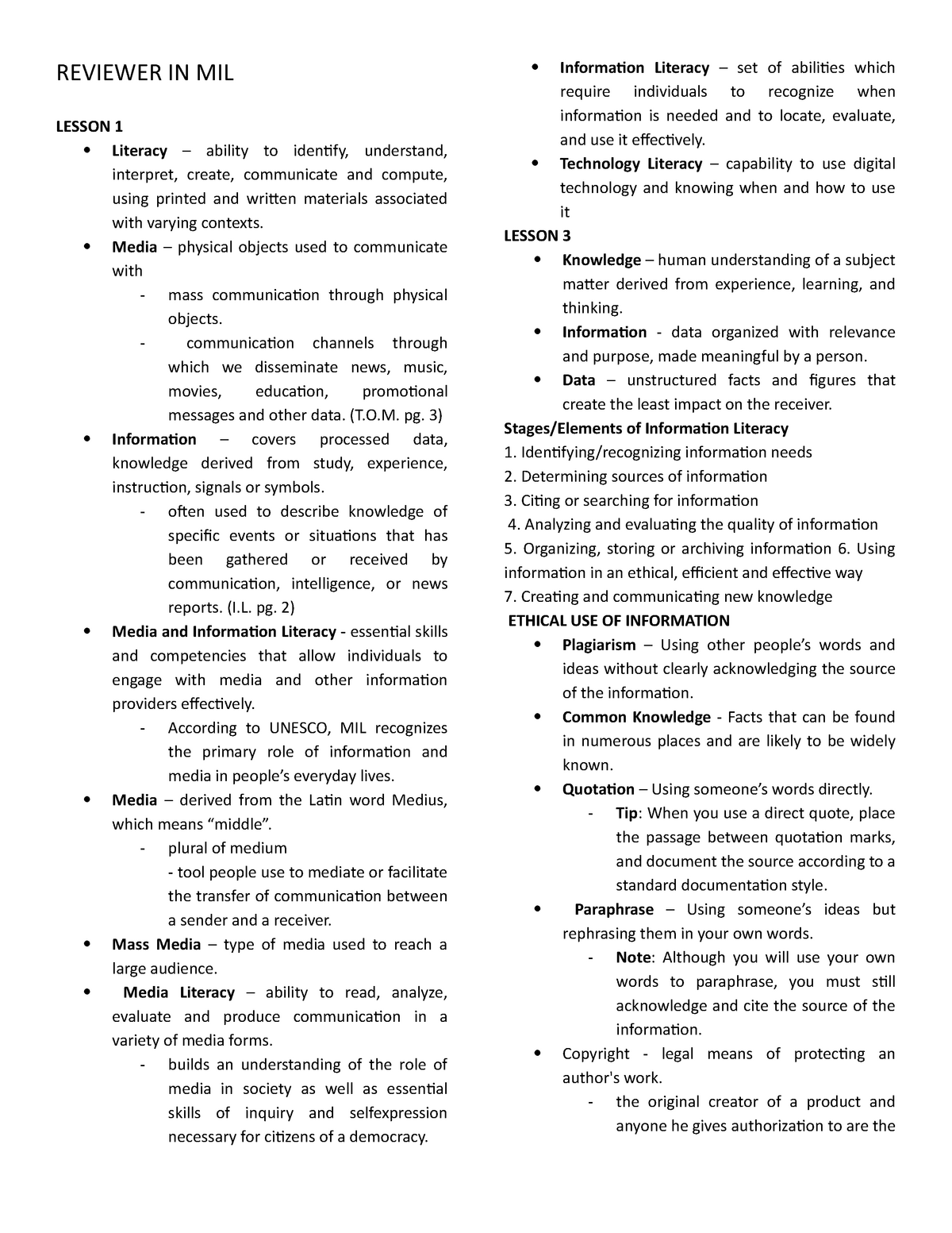 Media Information And Literacy Notes Media And Information Literacy 