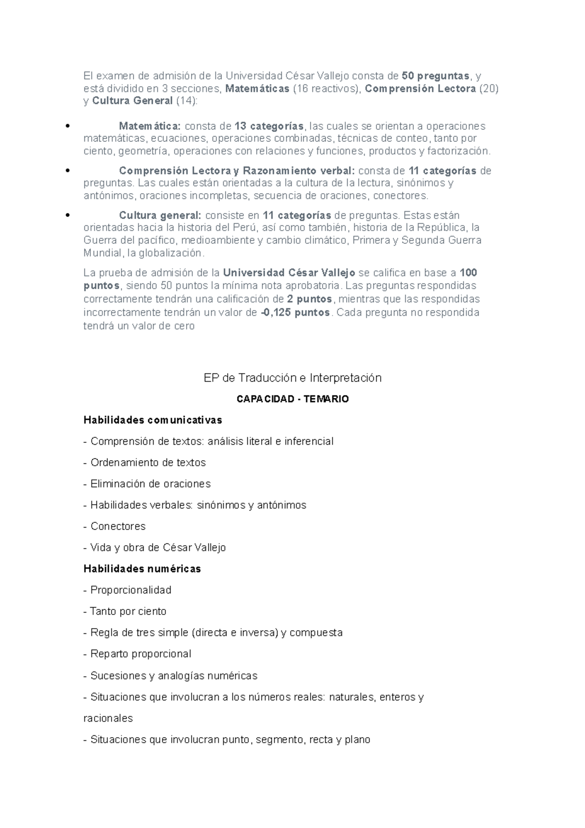 Examen De Admisión Apuntes El Examen De Admisión De La Universidad César Vallejo Consta De